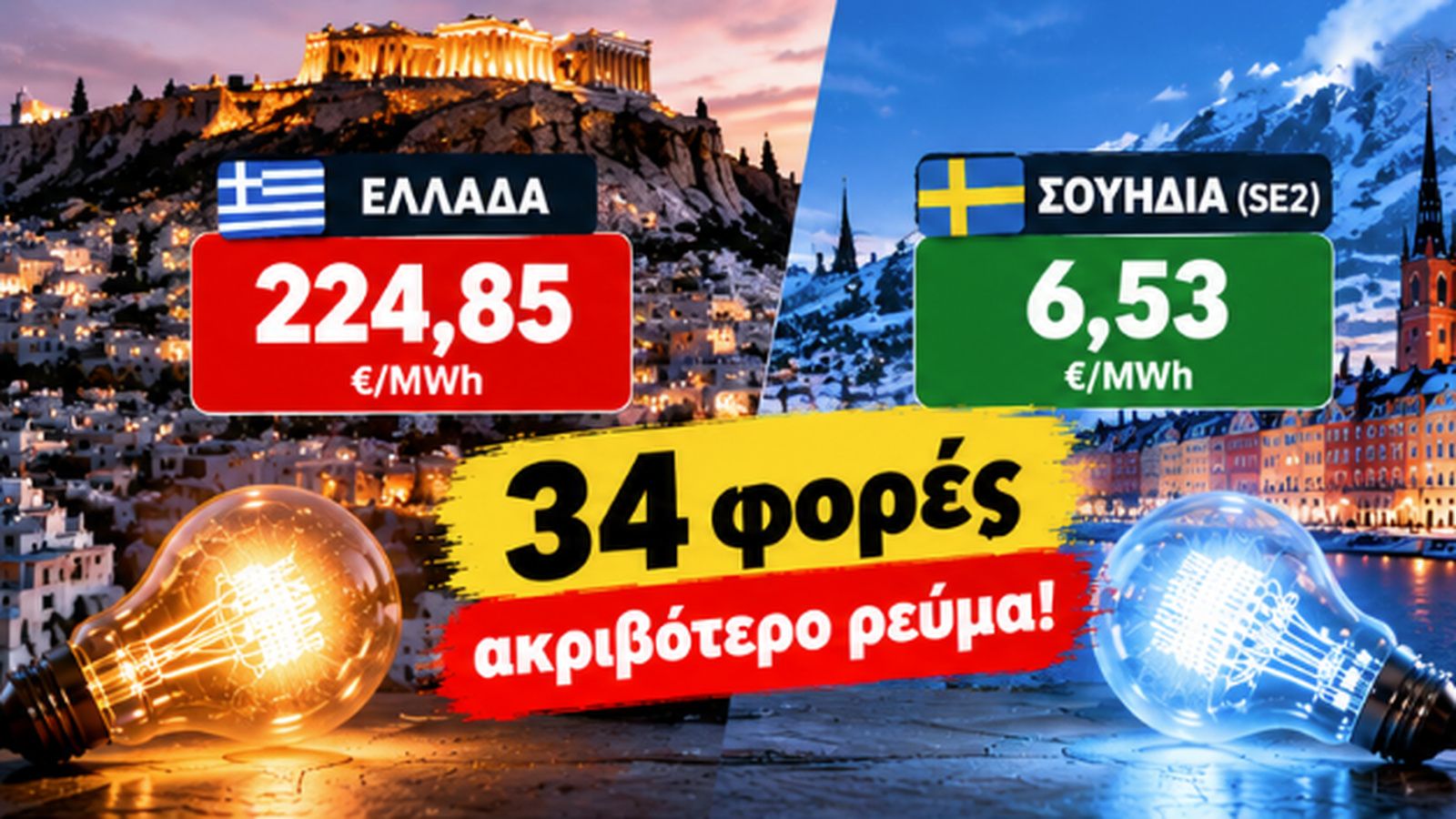 Σύγκριση χονδρικής τιμής ρεύματος Ελλάδας και Σουηδίας, με 224,85 και 6,53 ευρώ ανά MWh αντίστοιχα, στις 27 Οκτωβρίου 2026