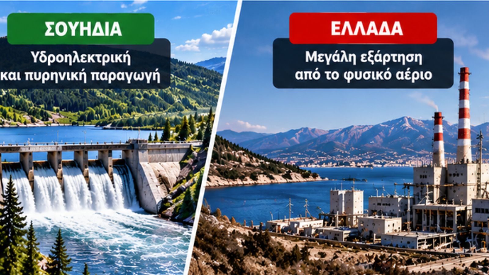 Σύγκριση παραγωγής ηλεκτρικής ενέργειας με υδροηλεκτρικό φράγμα στη Σουηδία και μονάδα ηλεκτροπαραγωγής φυσικού αερίου στην Ελλάδα.