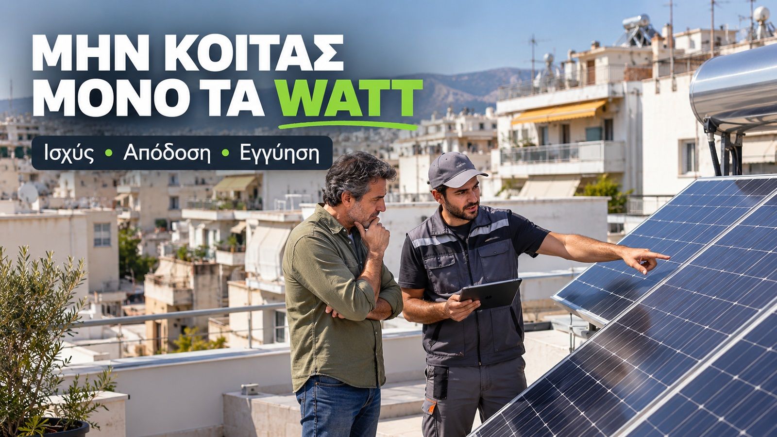 Φωτοβολταϊκά πάνελ σε ταράτσα αθηναϊκής πολυκατοικίας, με έντονο μήνυμα για την επιλογή πάνελ βάσει Watt και απόδοσης.