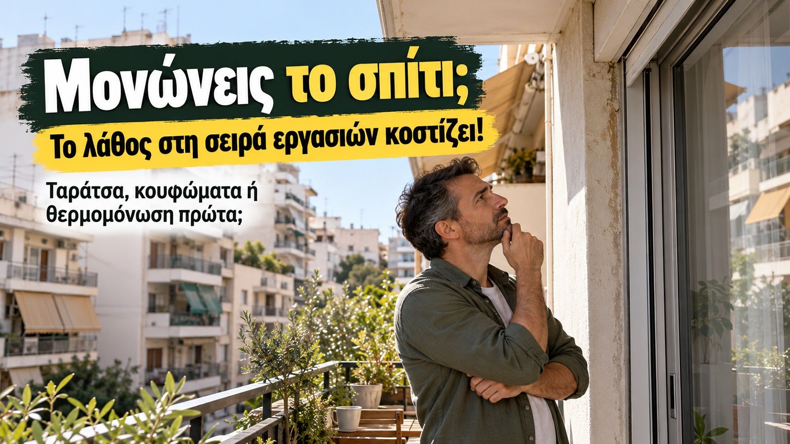 Ιδιοκτήτης εξετάζει το μπαλκόνι και τα κουφώματα συνηθισμένου αθηναϊκού διαμερίσματος, με τίτλο για το λάθος στη σειρά εργασιών μόνωσης.