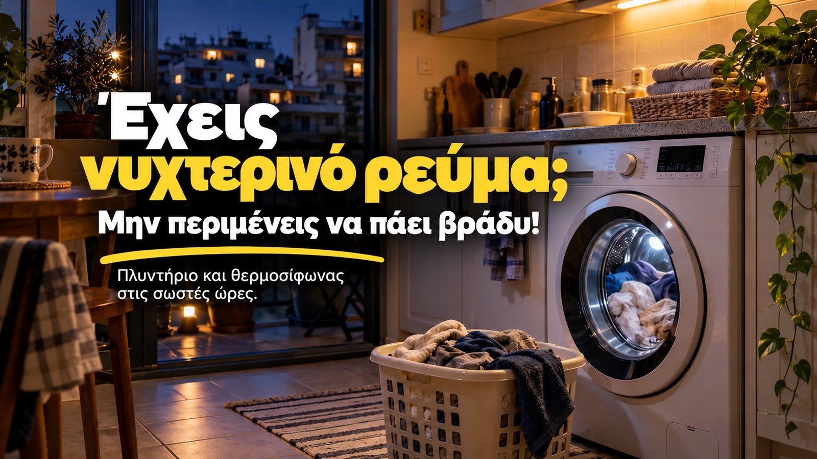 Πλυντήριο ρούχων σε απλό αθηναϊκό διαμέρισμα, με μεγάλο τίτλο «Έχεις νυχτερινό ρεύμα; Μην περιμένεις να πάει βράδυ!».