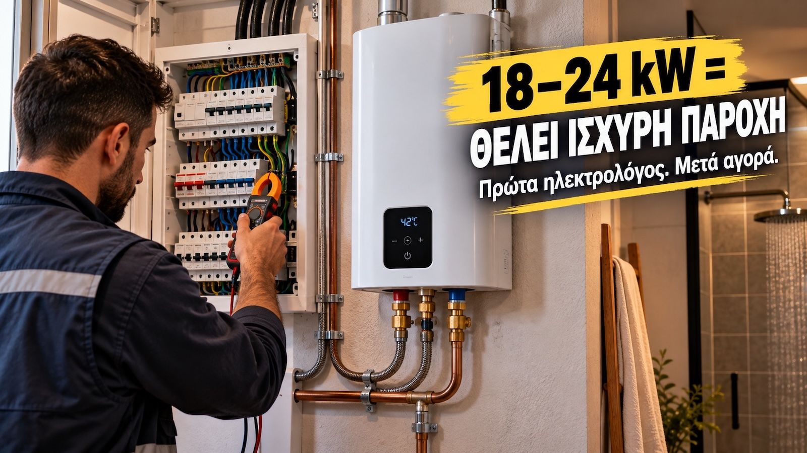 Τριφασικός ηλεκτρικός πίνακας και ταχυθερμαντήρας 18 έως 24 kW σε οικιακή εγκατάσταση.