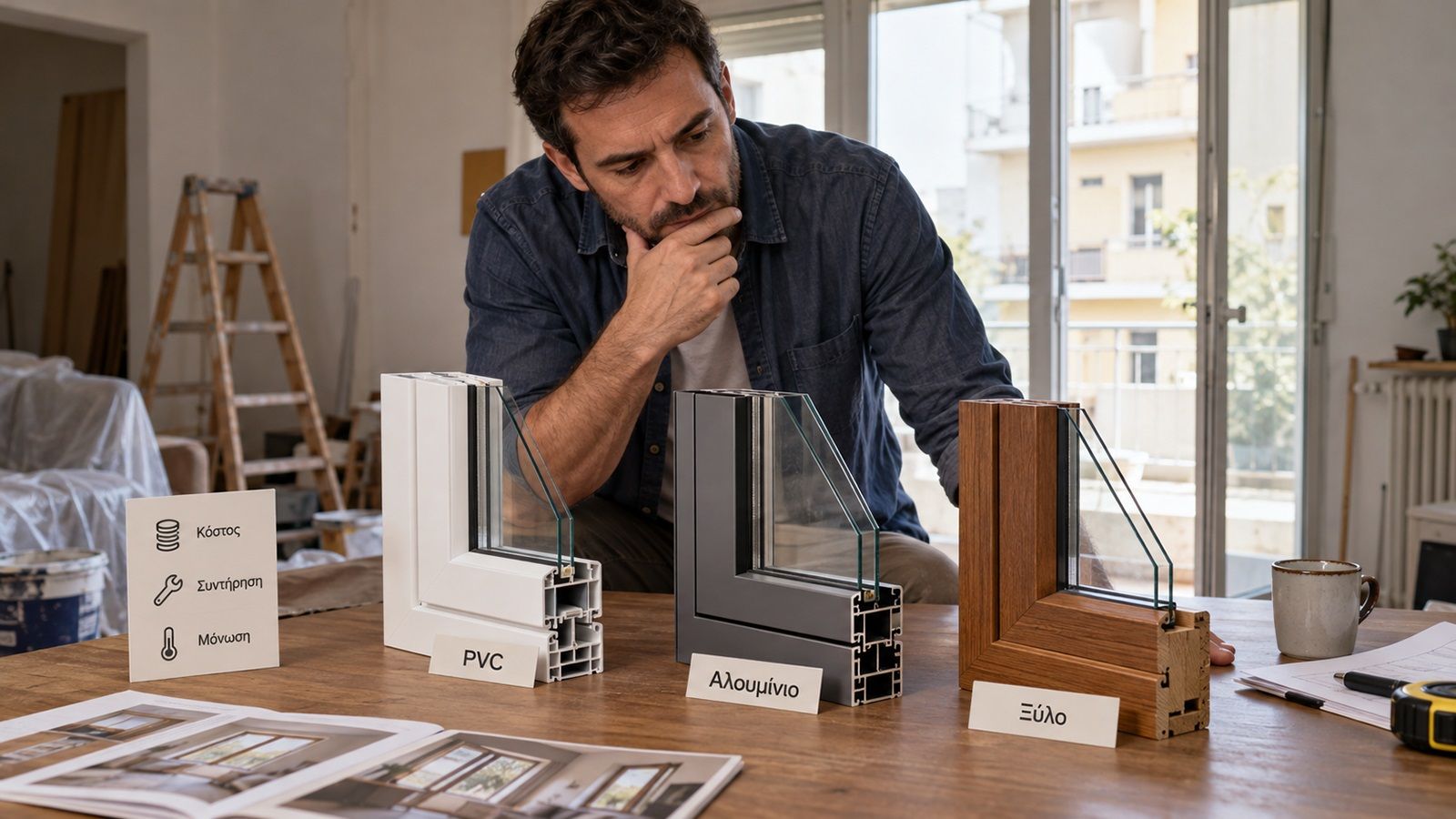 Ιδιοκτήτης συγκρίνει δείγματα κουφωμάτων PVC, αλουμινίου και ξύλου σε ελληνικό διαμέρισμα πριν επιλέξει νέα παράθυρα.