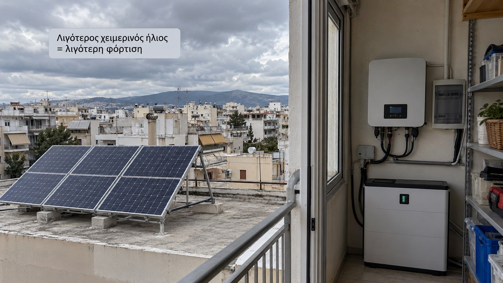 Φωτοβολταϊκά πάνελ σε ταράτσα συνηθισμένης αθηναϊκής πολυκατοικίας, με γειτονικά κτίρια και συννεφιασμένο χειμερινό ουρανό.