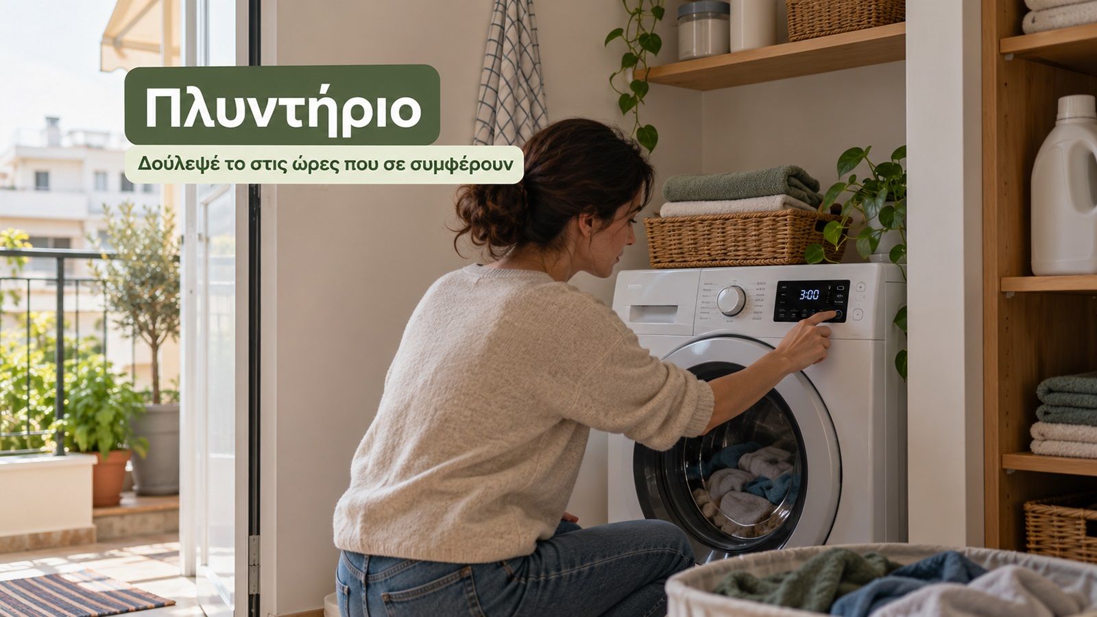 Γυναίκα ρυθμίζει το πρόγραμμα πλυντηρίου ρούχων σε καθημερινό αθηναϊκό σπίτι, με μπαλκόνι στο βάθος.