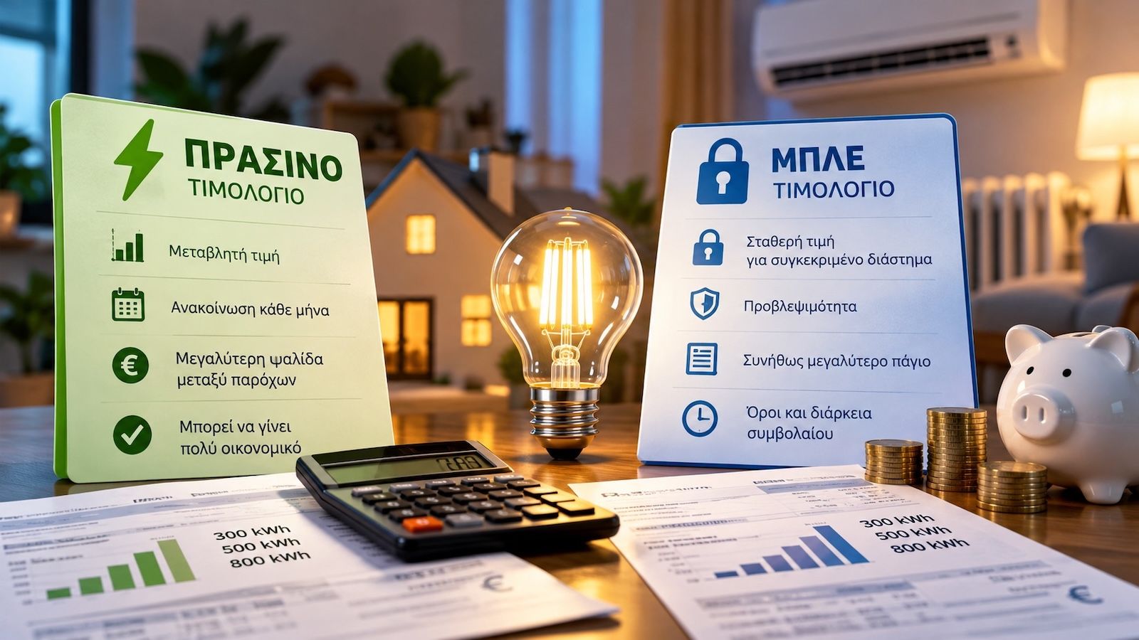 Πράσινο και μπλε τιμολόγιο ρεύματος δίπλα σε λογαριασμό, χρήματα και κλιματιστικό σε οικιακό περιβάλλον.
