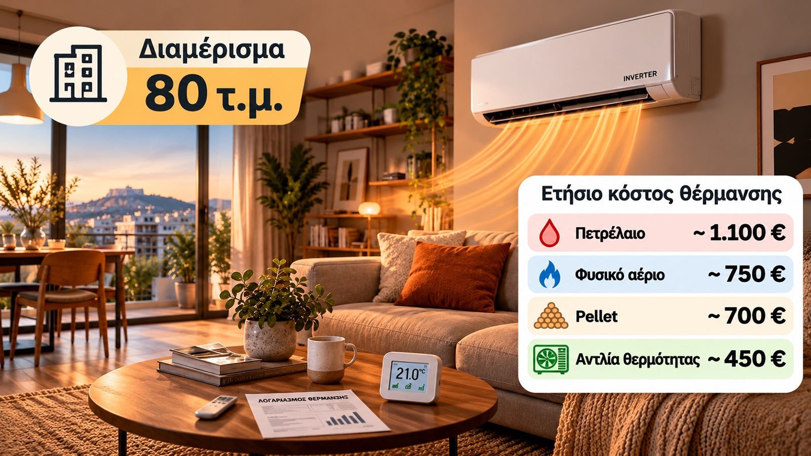 Κλιματιστικό inverter θερμαίνει καθιστικό διαμερίσματος 80 τ.μ., με θερμοστάτη και στοιχεία κατανάλωσης ρεύματος.