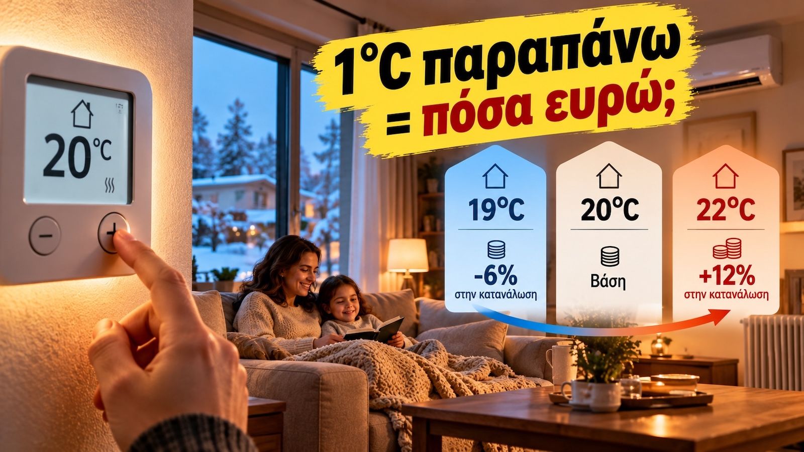 Θερμοστάτης στους 20 βαθμούς με σύγκριση κόστους θέρμανσης στους 19, 20 και 22°C.