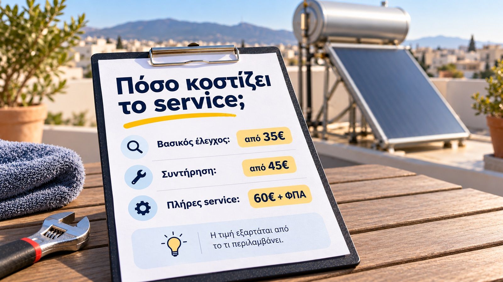 Γραφικό κόστους service ηλιακού θερμοσίφωνα με ένδειξη τιμής από 35 ευρώ και εργαλεία συντήρησης.