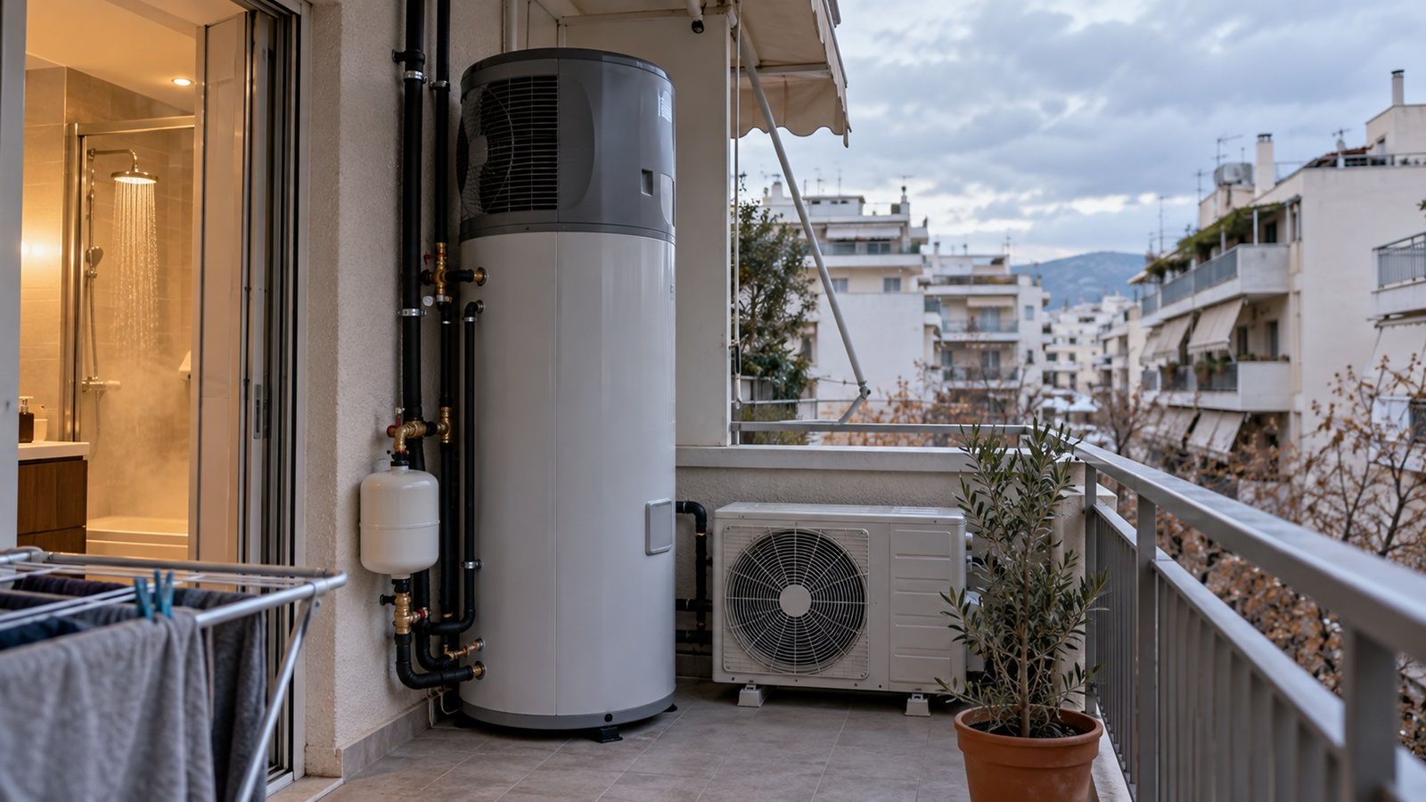 Εγκατάσταση αντλίας θερμότητας με δοχείο ζεστού νερού χρήσης και εξωτερική μονάδα σε μπαλκόνι συνηθισμένης ελληνικής πολυκατοικίας.