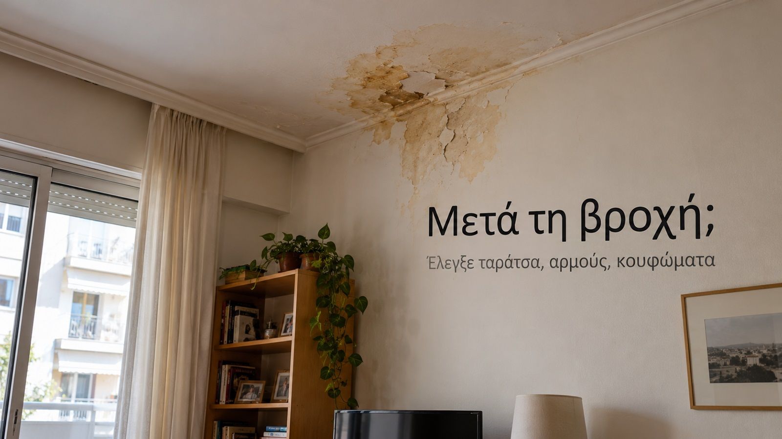 Μούχλα και υγρασία στη γωνία τοίχου ελληνικού διαμερίσματος, με ενδείξεις για υδρατμούς, διαρροή και κακή μόνωση.