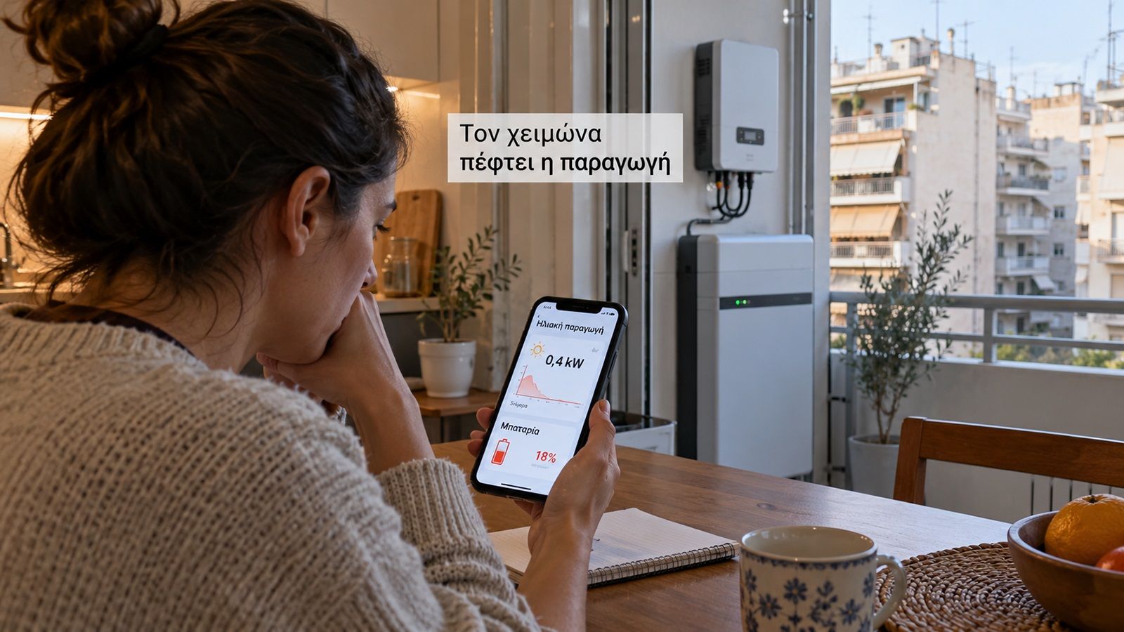 Γυναίκα ελέγχει στο κινητό της την παραγωγή φωτοβολταϊκού και το ποσοστό φόρτισης της οικιακής μπαταρίας, καθισμένη σε απλό ελληνικό διαμέρισμα.