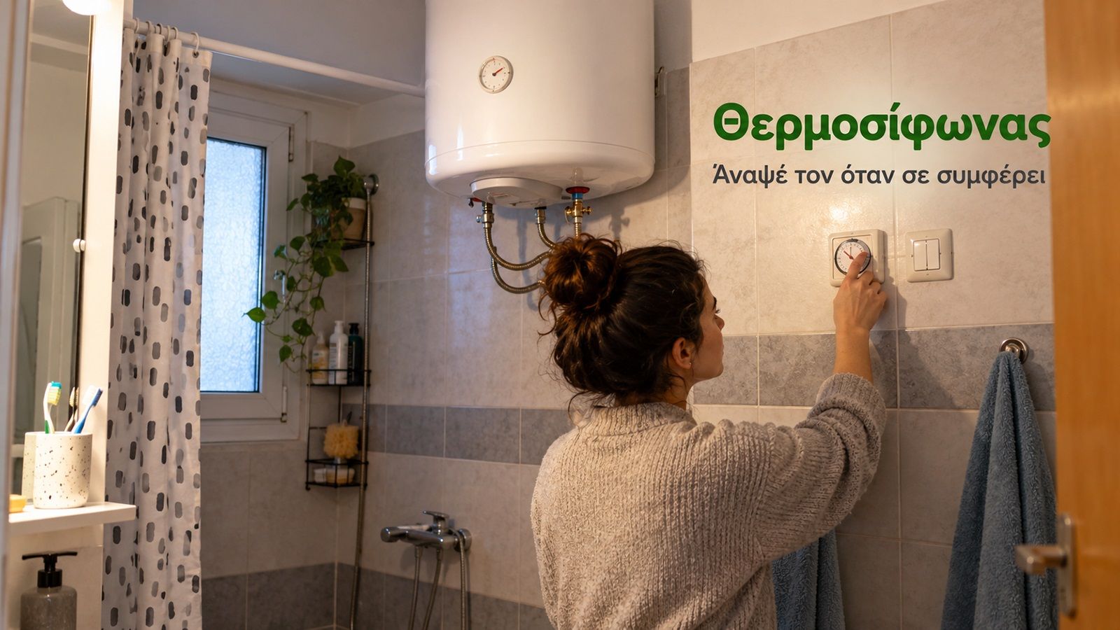 Γυναίκα χειρίζεται τον διακόπτη του ηλεκτρικού θερμοσίφωνα σε απλό μπάνιο αθηναϊκού διαμερίσματος.