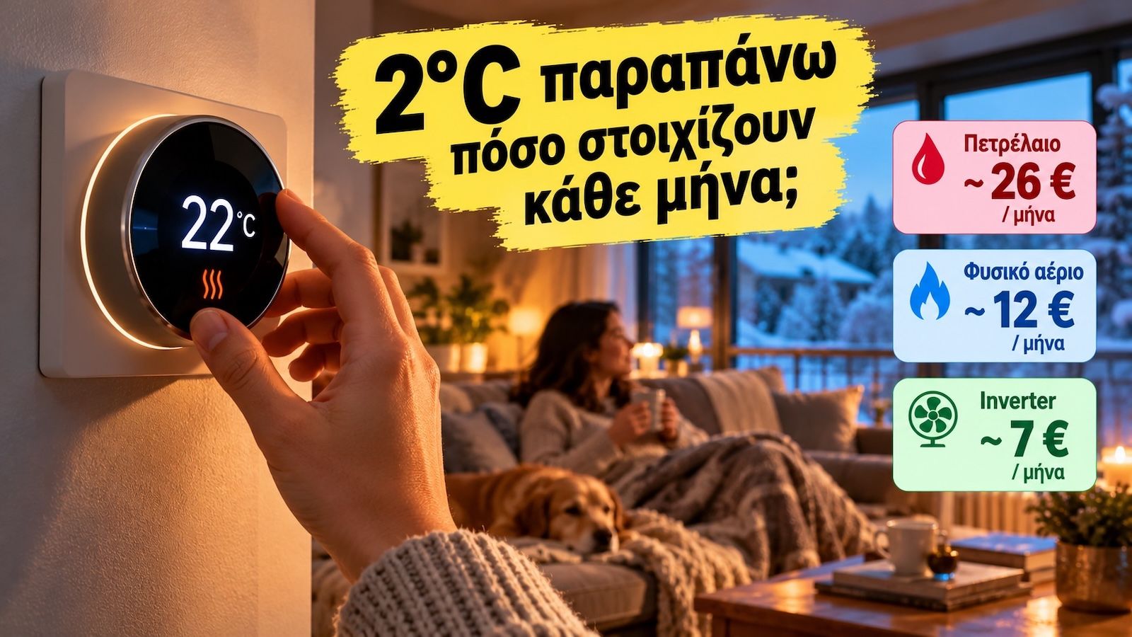 Χειμερινό σαλόνι με θερμοστάτη στους 22°C και σύγκριση επιπλέον κόστους θέρμανσης για πετρέλαιο, αέριο και inverter.
