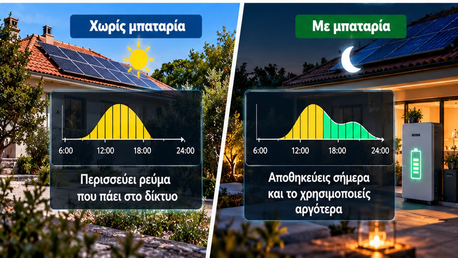 Σύγκριση φωτοβολταϊκού συστήματος με και χωρίς μπαταρία, με γραφήματα ημερήσιας παραγωγής και βραδινής χρήσης ηλεκτρικής ενέργειας.
