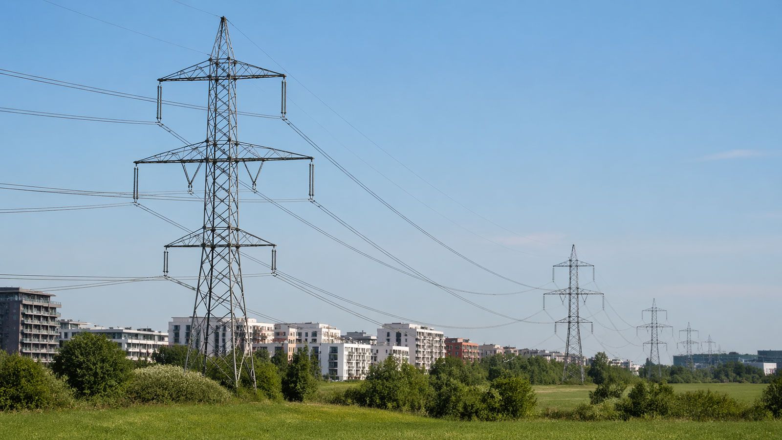 Γραμμές μεταφοράς ηλεκτρικής ενέργειας σε ευρωπαϊκό αστικό τοπίο.
