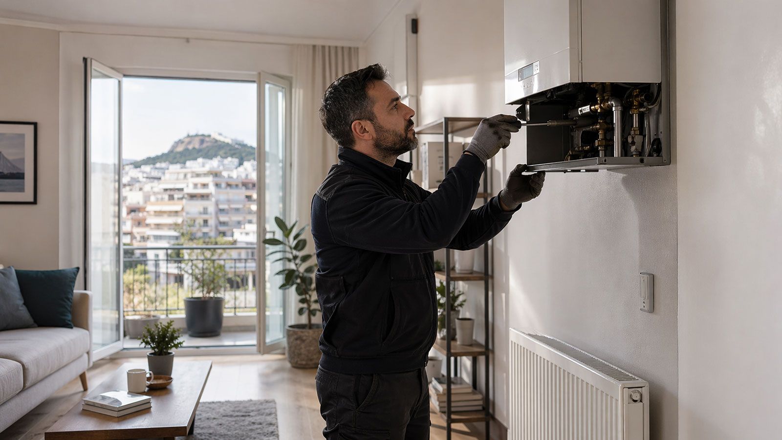 Τεχνικός ελέγχει σύστημα θέρμανσης σε κατοικία πριν από ενεργειακή αναβάθμιση.