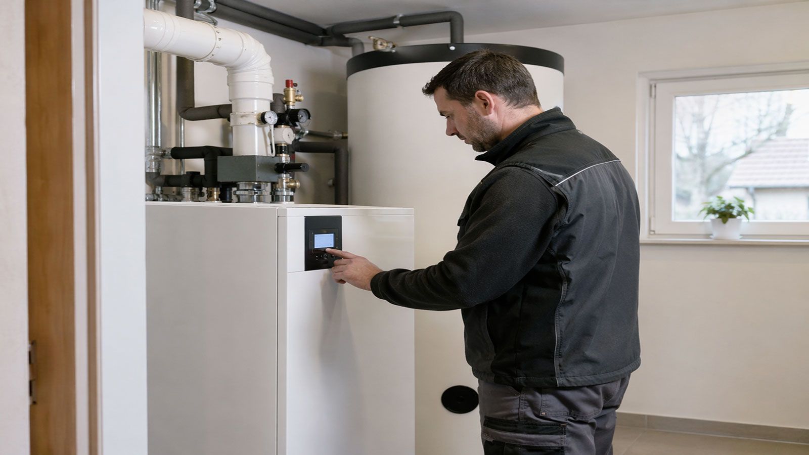 Τεχνικός ελέγχει σύστημα αντλίας θερμότητας σε κατοικία.