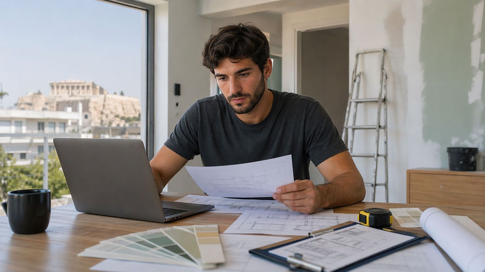 Νέος ιδιοκτήτης σε σπίτι με έγγραφα ανακαίνισης και laptop, σε φάση οργάνωσης ενεργειακού έργου.