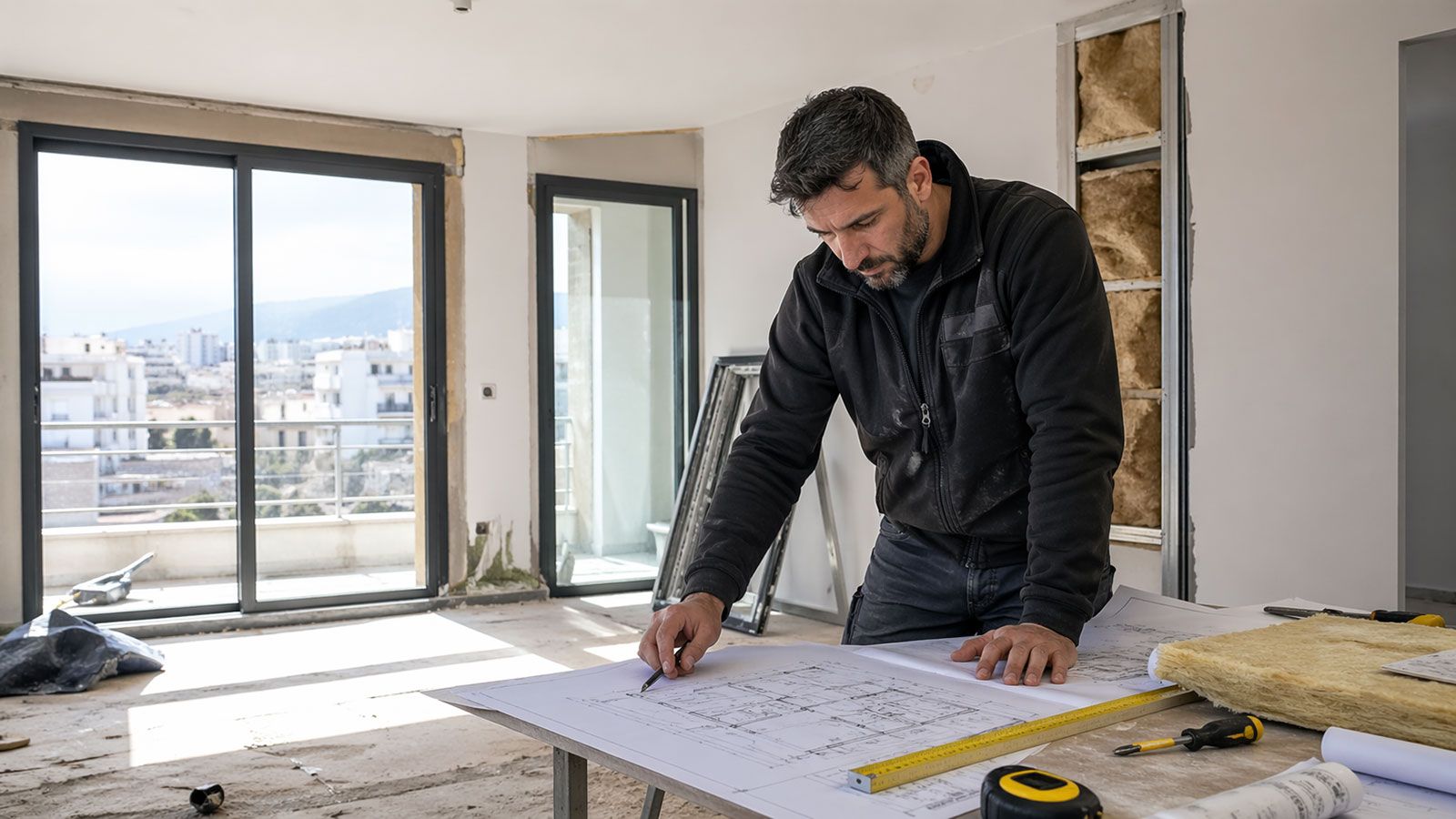 Εσωτερικό κατοικίας σε φάση ανακαίνισης με τεχνικό και εξοπλισμό εργασιών.