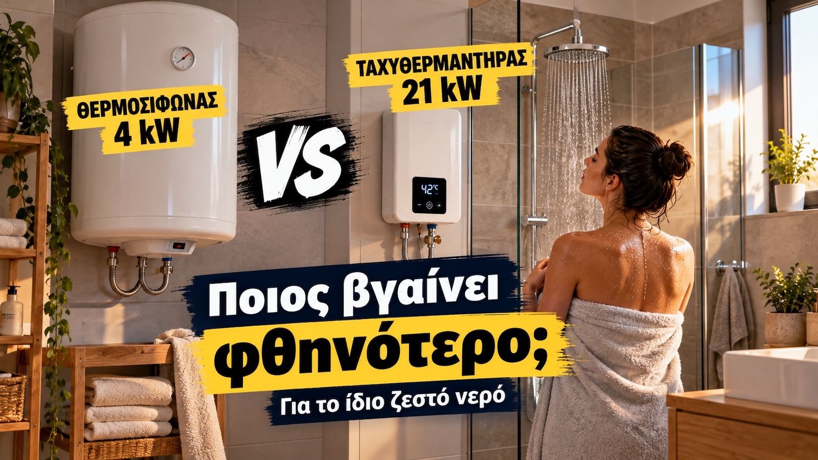 Facebook εικόνα με ταχυθερμαντήρα 21 kW και θερμοσίφωνα 4 kW και ερώτημα ποιος καίει λιγότερο.
