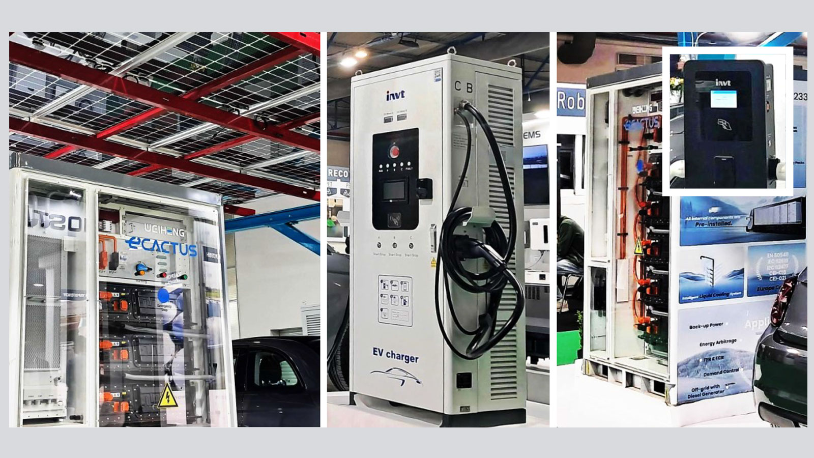 Αριστερά: στιγμιότυπο της μονάδας αποθήκευσης. Μέση-δεξιά: ταχυ-φορτιστής, μπαταρία.Ένθετη εικόνα: σύνδεση δικτύου.