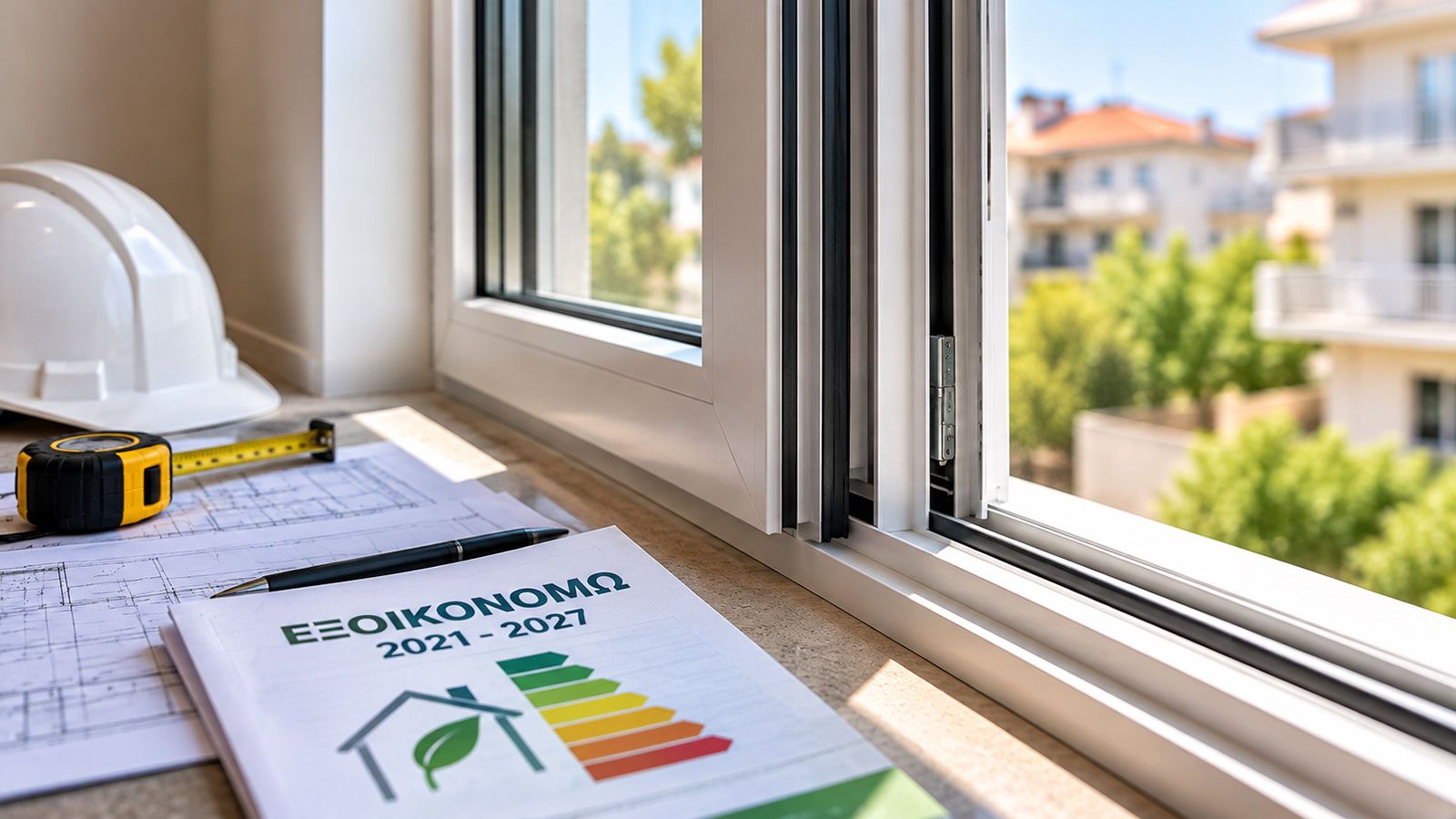 Σύγχρονο ενεργειακό κούφωμα με διπλά τζάμια, σχέδια ανακαίνισης και έγγραφο Εξοικονομώ 2021–2027 για ενεργειακή αναβάθμιση κατοικιών.