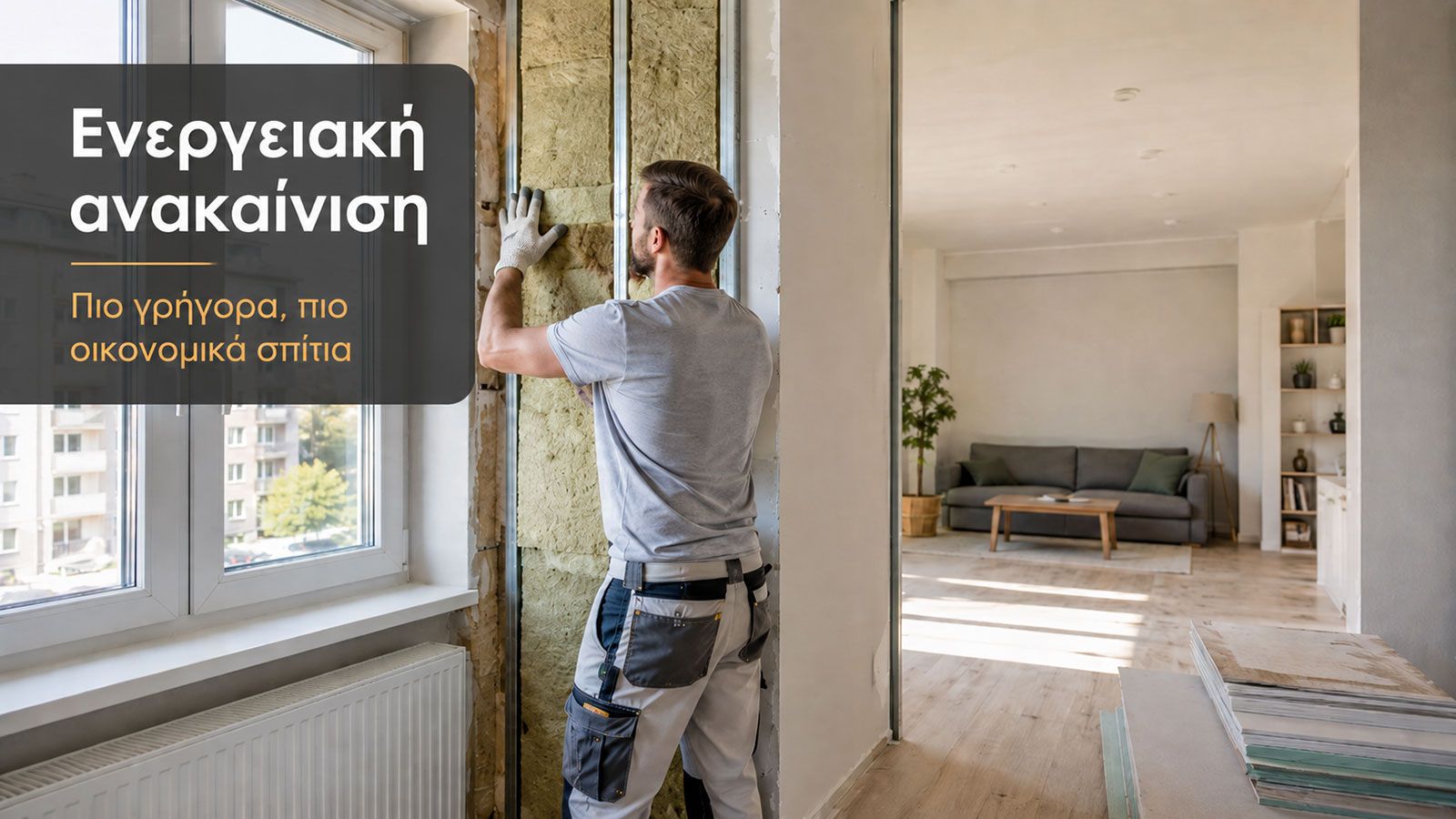 Εργασίες ενεργειακής ανακαίνισης σε κατοικία με μόνωση και κουφώματα.
