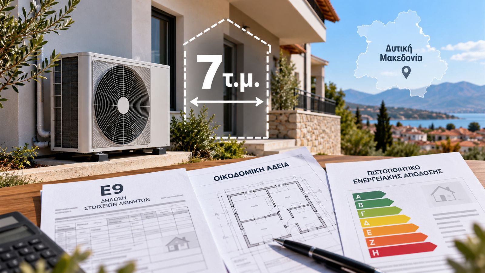Εικονογράφηση με αντλία θερμότητας, ένδειξη 7 τ.μ. και έγγραφα Ε9, οικοδομικής άδειας και ΠΕΑ.