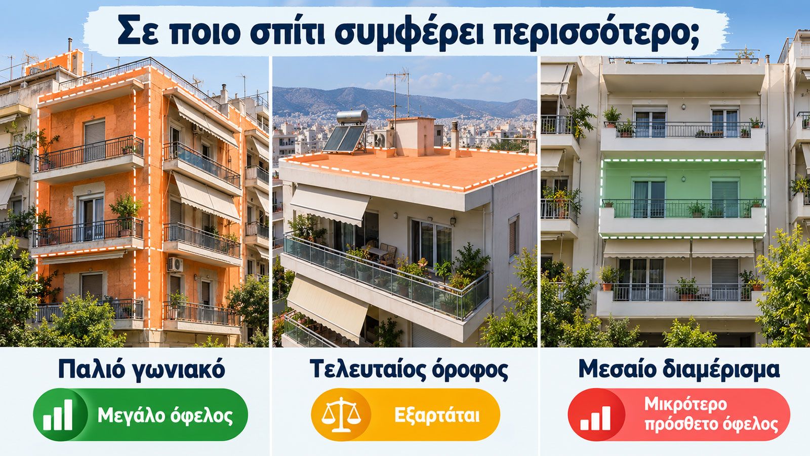 Γράφημα σύγκρισης παλιού γωνιακού διαμερίσματος, τελευταίου ορόφου και ήδη μονωμένου διαμερίσματος ως προς τη θερμομόνωση.