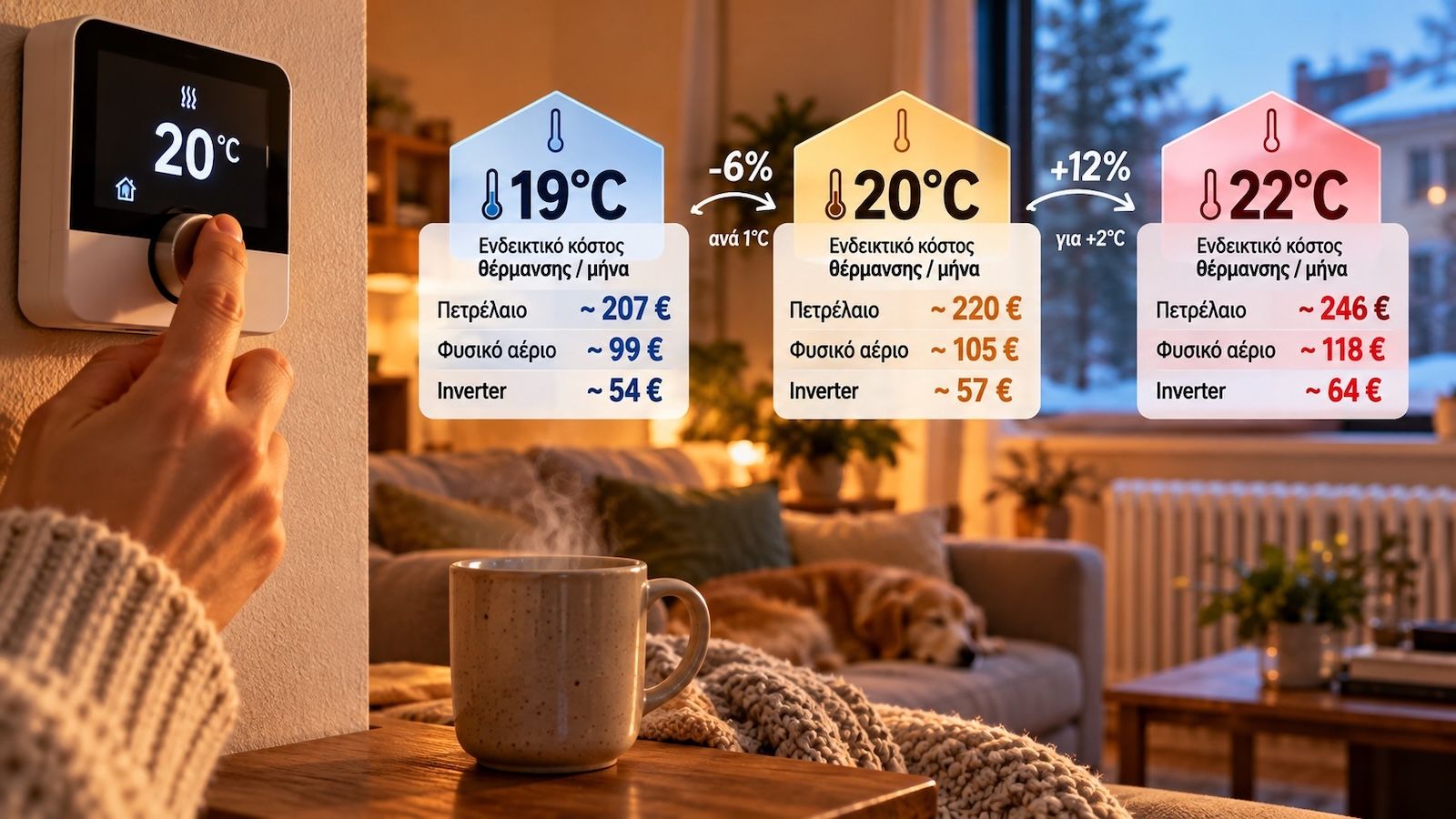 Οικογένεια σε χειμερινό σπίτι με θερμοστάτη στους 20°C και σύγκριση κατανάλωσης για 19, 20 και 22 βαθμούς.
