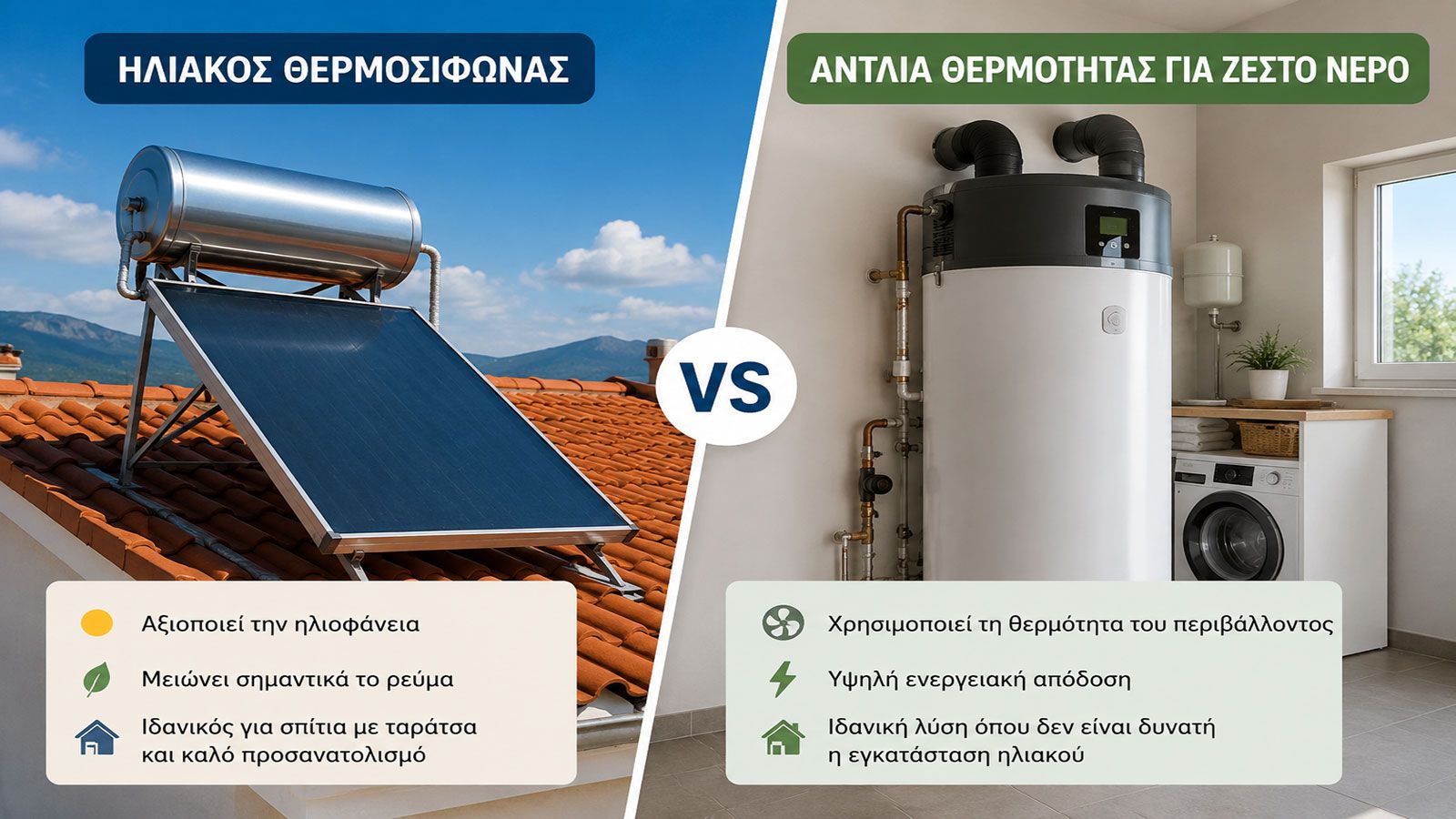 Ηλιακός θερμοσίφωνας σε στέγη κατοικίας για παραγωγή ζεστού νερού με ηλιακή ενέργεια.