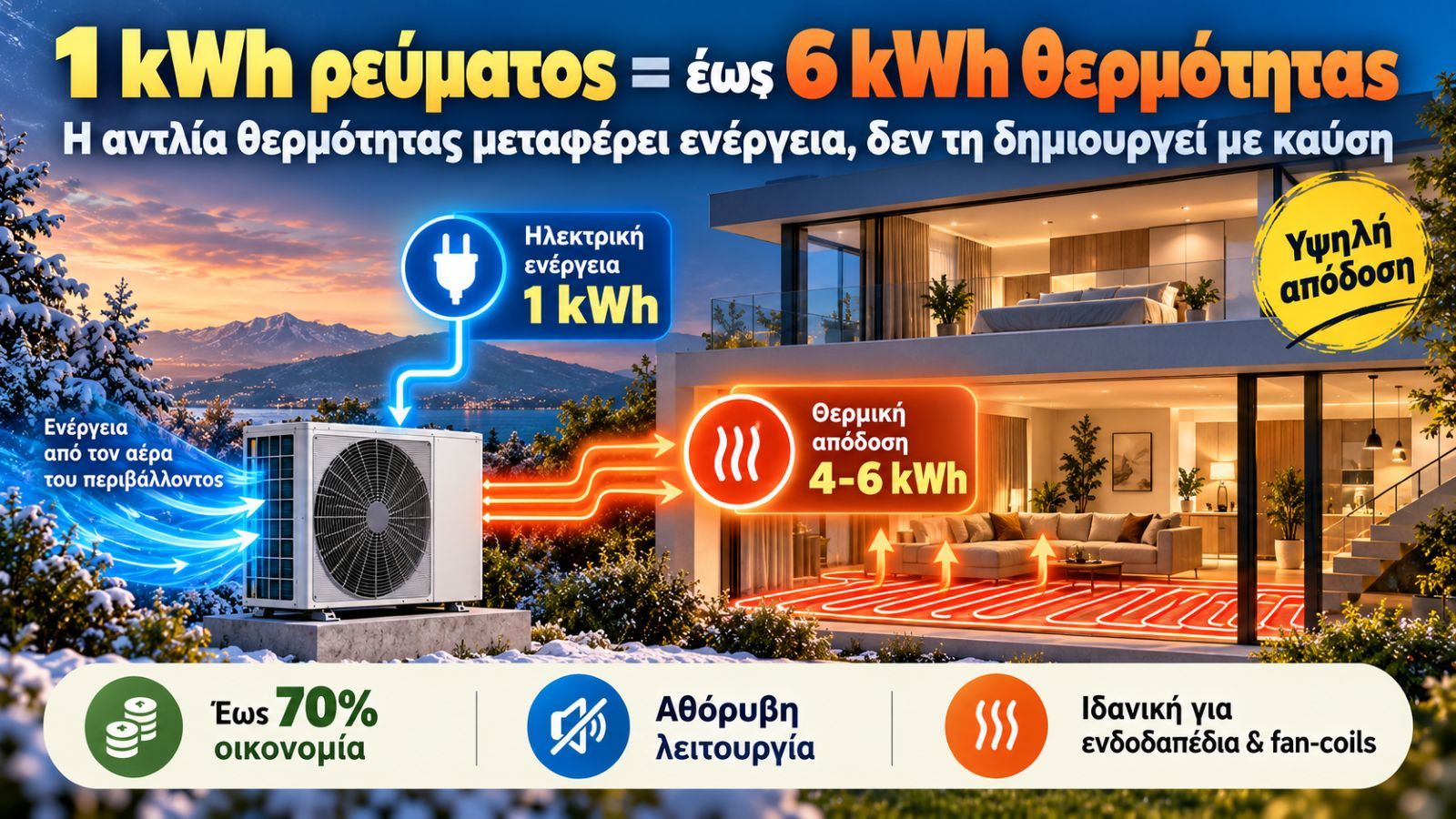 Infographic που εξηγεί ότι 1 kWh ηλεκτρικής ενέργειας μπορεί να αποδώσει έως 6 kWh θερμότητας μέσω αντλίας θερμότητας, με απεικόνιση εξωτερικής μονάδα