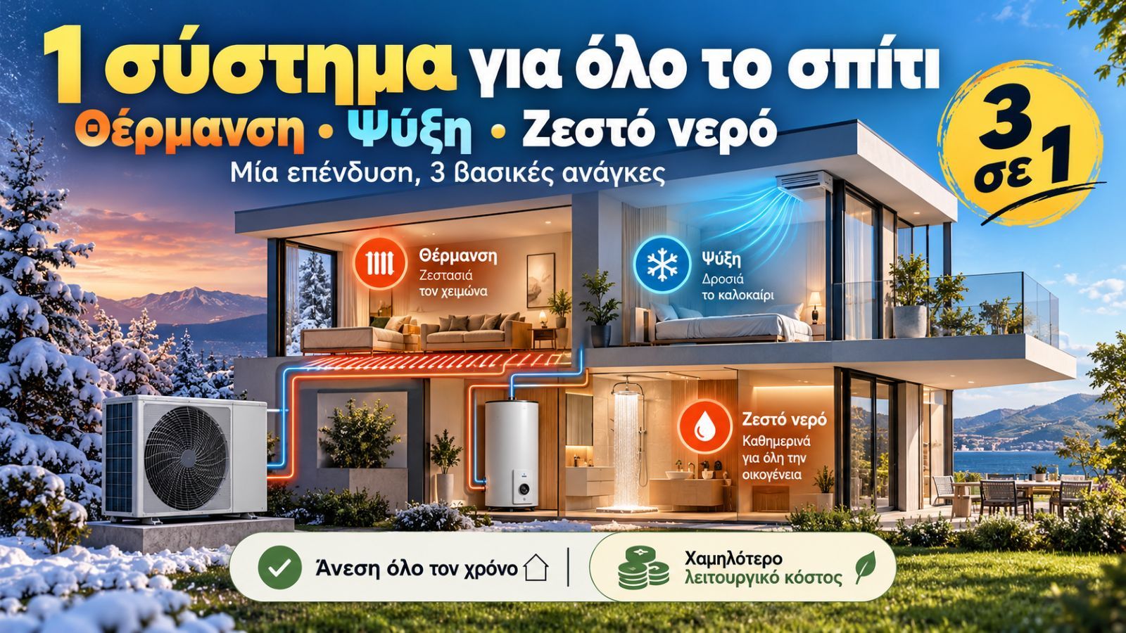 Γραφικό με σύγχρονο σπίτι και αντλία θερμότητας που δείχνει τις 3 βασικές λειτουργίες: θέρμανση τον χειμώνα, ψύξη το καλοκαίρι και ζεστό νερό χρήσης, 