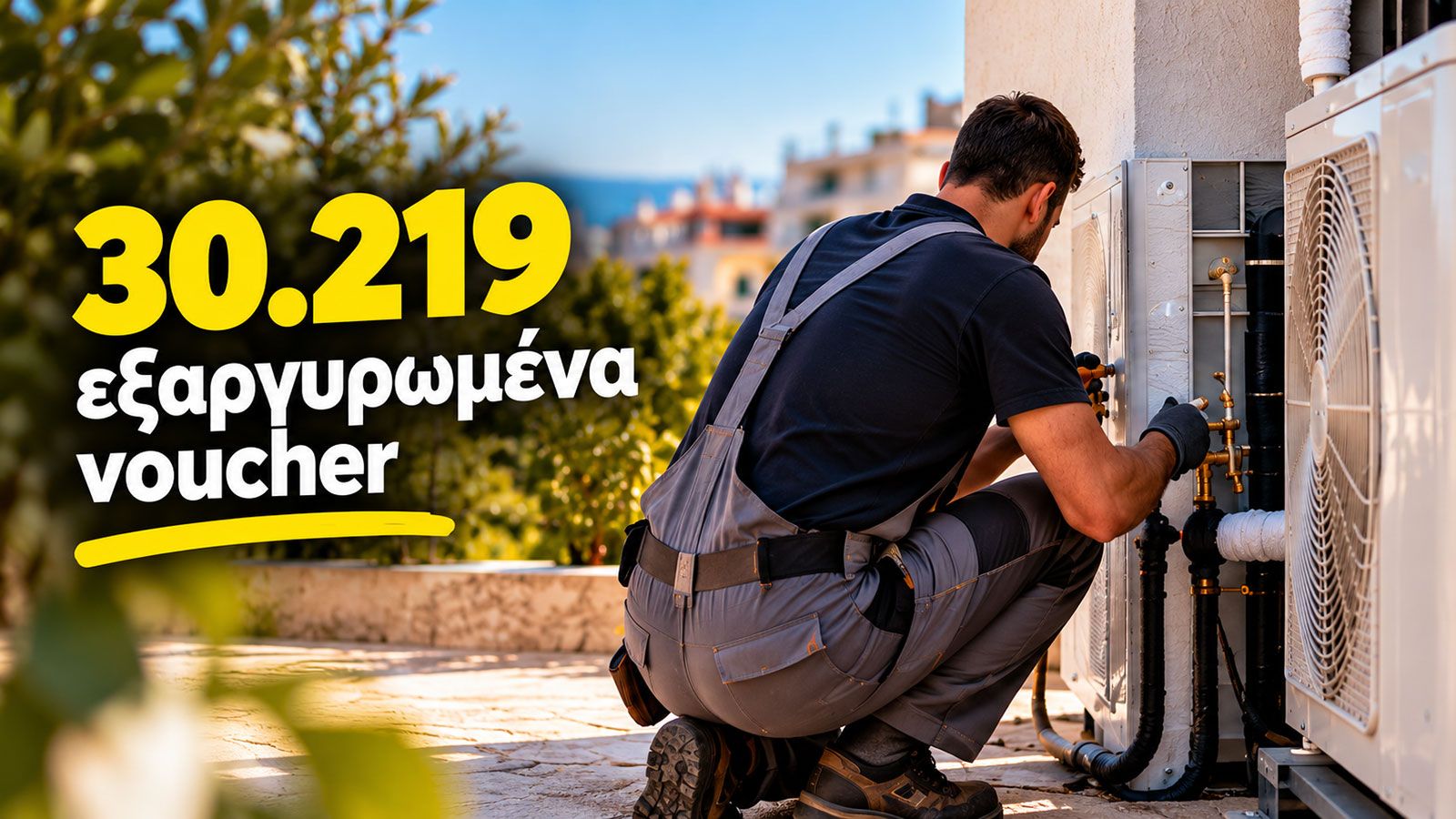 Τεχνικός εργάζεται στην εγκατάσταση αντλίας θερμότητας σε κατοικία, με εμφανή αναφορά στα 30.219 εξαργυρωμένα voucher του προγράμματος.