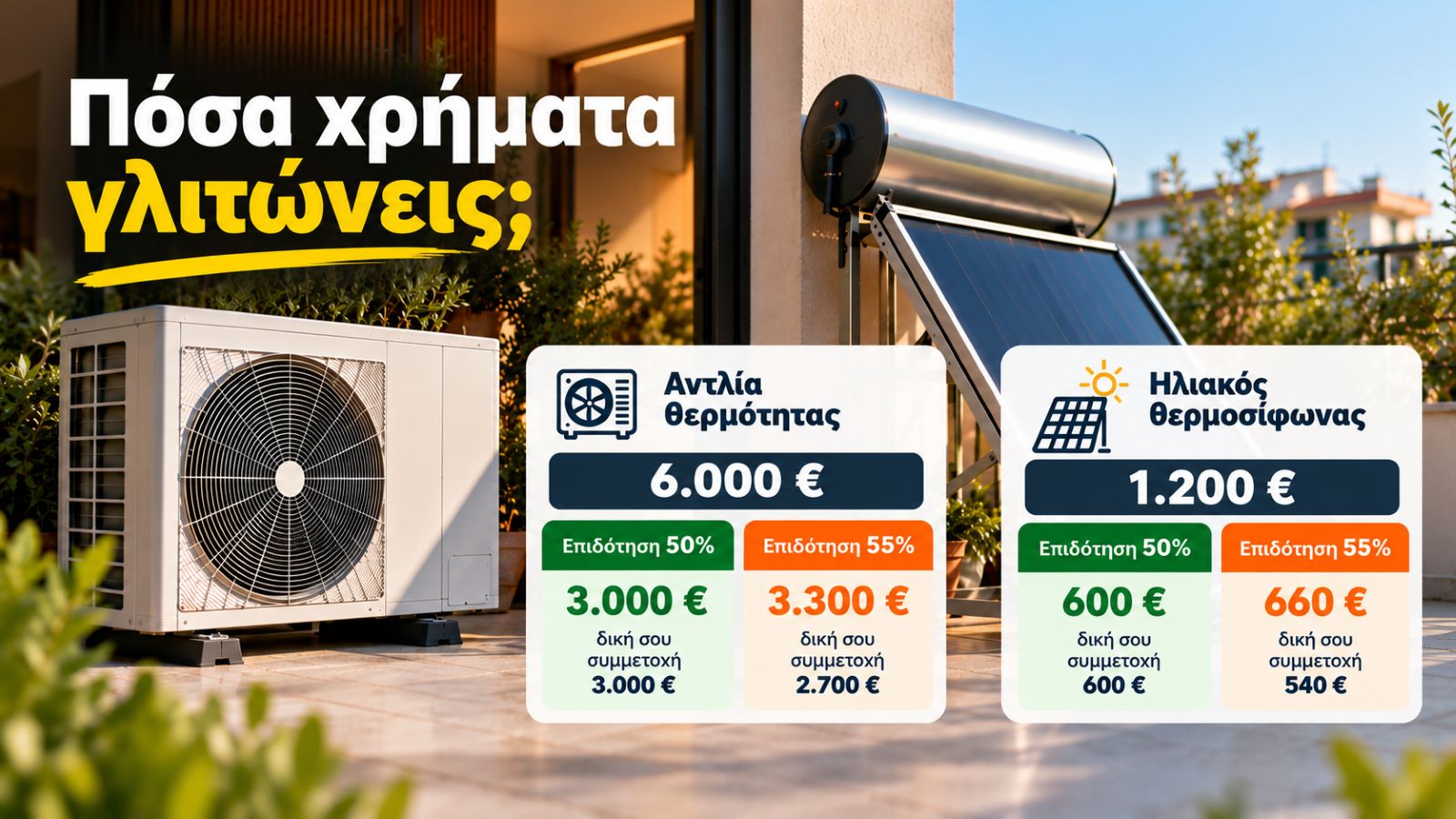 Αντλία θερμότητας και ηλιακός θερμοσίφωνας με γραφικό που συγκρίνει επιδοτήσεις 50% και 55%, ενδεικτικά ποσά ενίσχυσης και την τελική συμμετοχή του νο