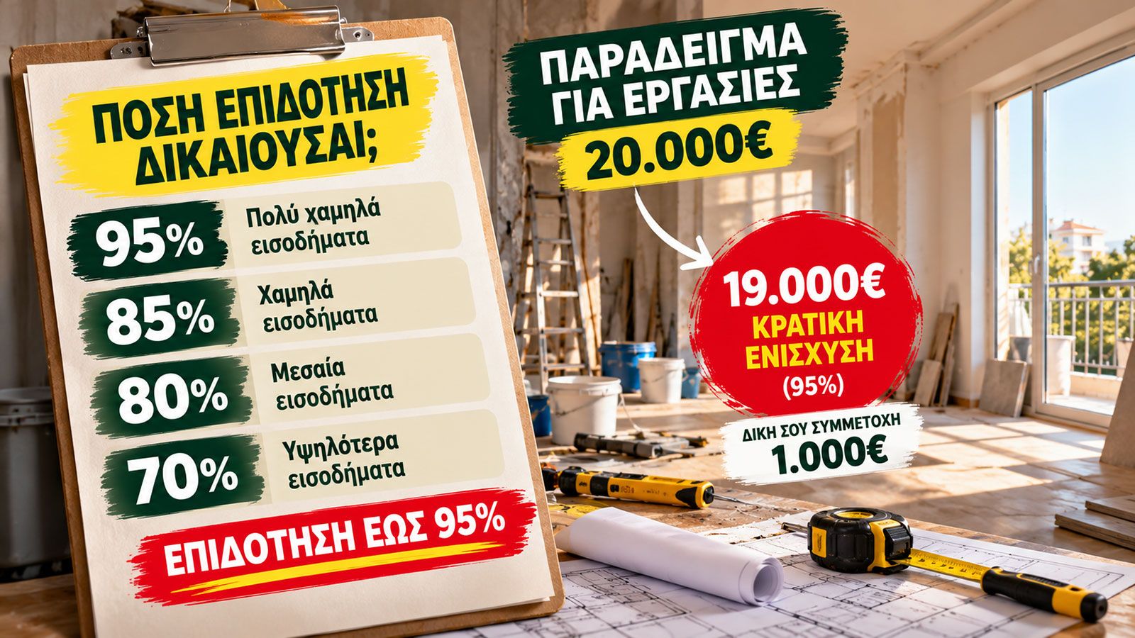 Γραφικό με ποσοστά επιδότησης ανακαίνισης από 70% έως 95% και παράδειγμα κρατικής ενίσχυσης 19.000¤ για εργασίες αξίας 20.000¤.