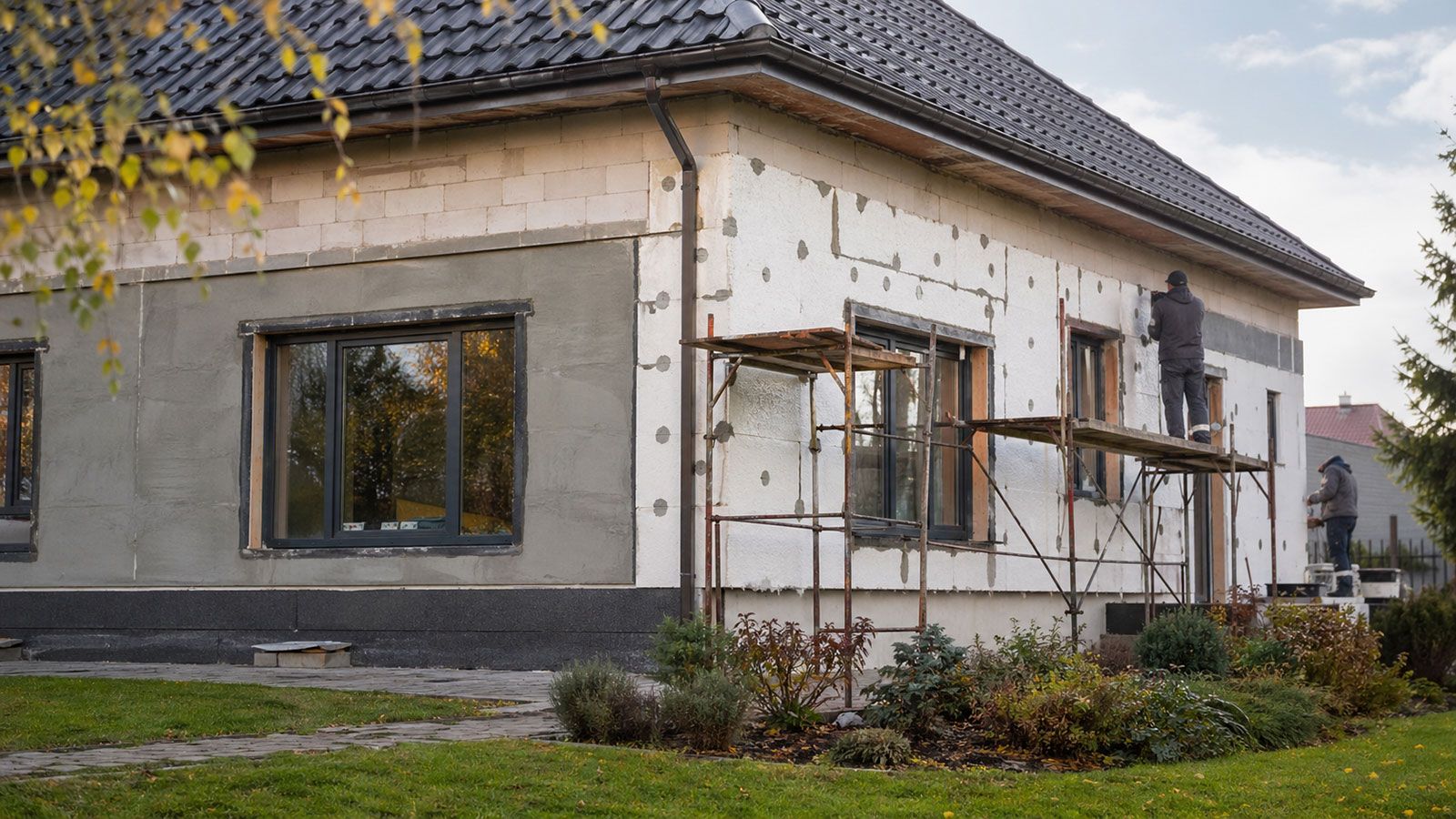 Κατοικία σε εργασίες ενεργειακής αναβάθμισης με εξωτερική μόνωση, σκαλωσιά και νέα κουφώματα.