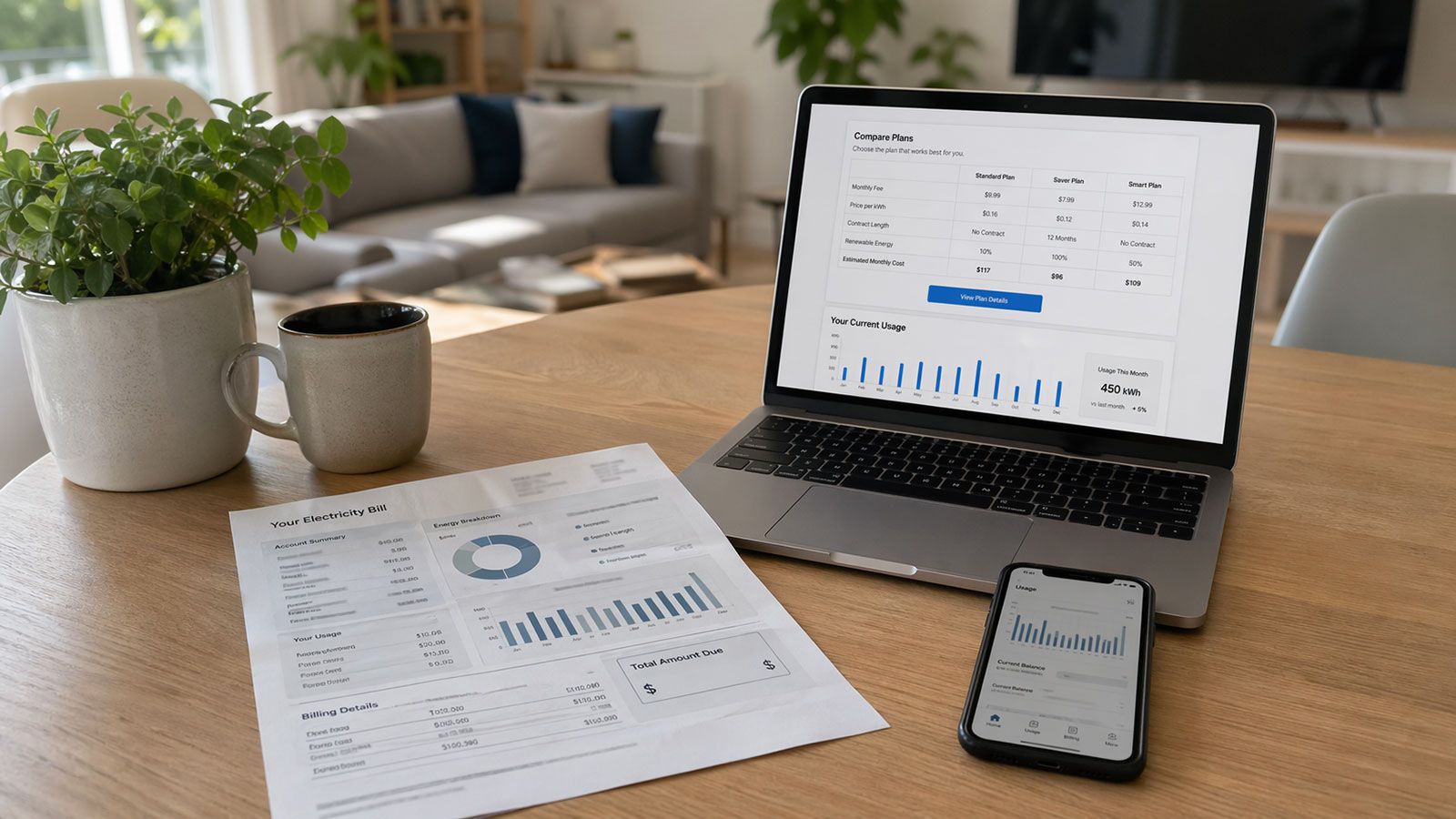 Λογαριασμός ρεύματος, laptop και κινητό σε τραπέζι κατοικίας με έμφαση στη σύγκριση παρόχων.