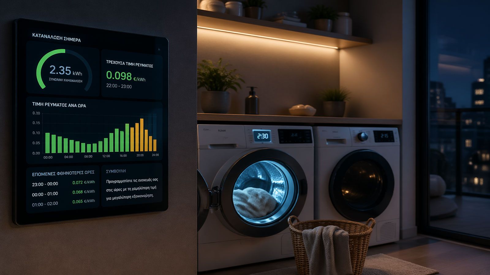 Σύγχρονο laundry room σε διαμέρισμα με πλυντήρια και ψηφιακή οθόνη που δείχνει κατανάλωση και τιμές ρεύματος ανά ώρα.