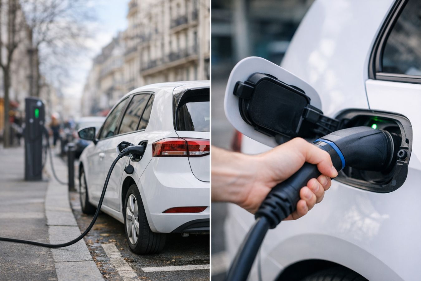 Κοντινό πλάνο από φόρτιση ηλεκτρικού αυτοκινήτου με καλώδιο συνδεδεμένο στη θύρα φόρτισης.