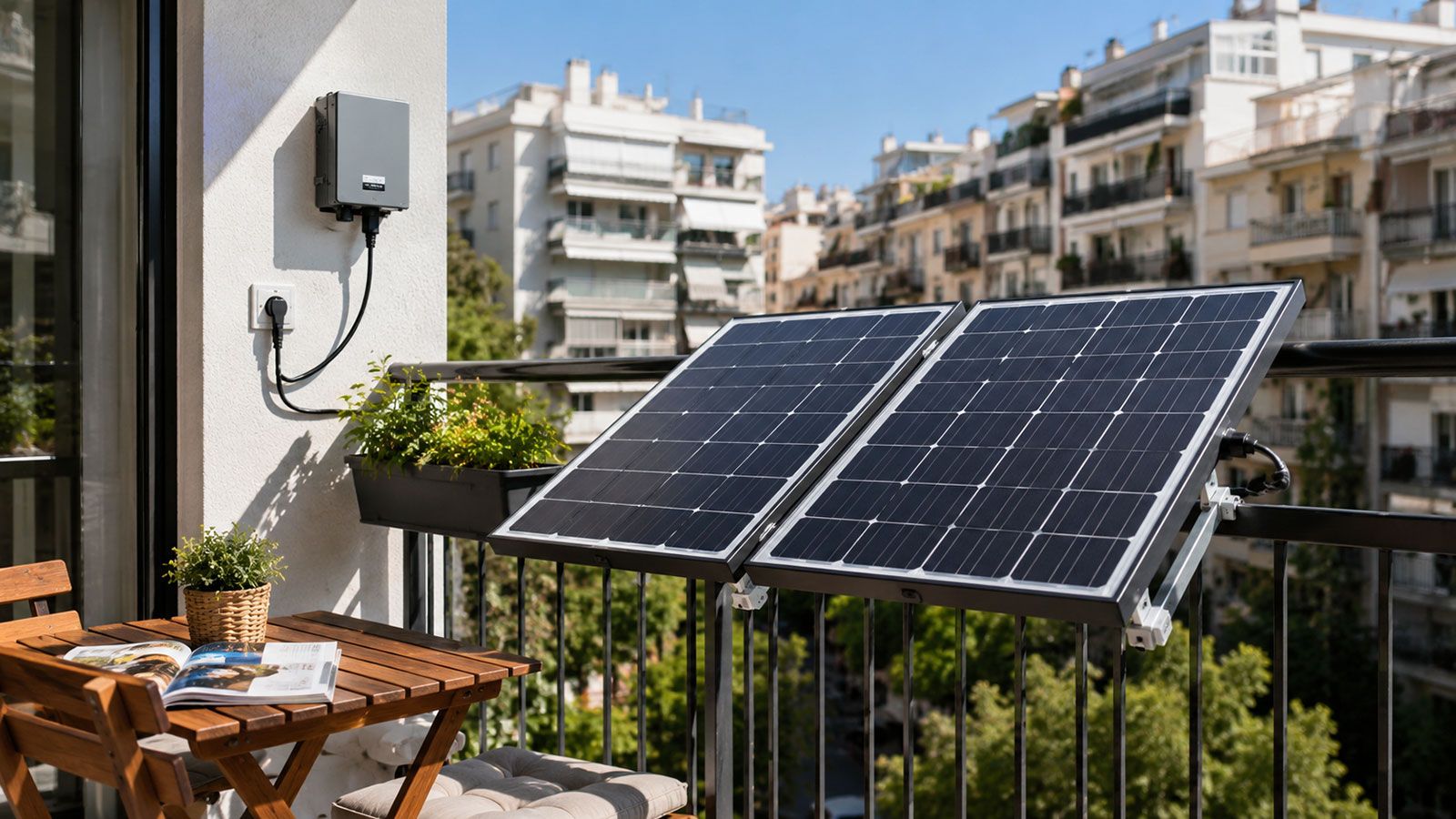 Small balcony photovoltaic panels for an urban apartment.