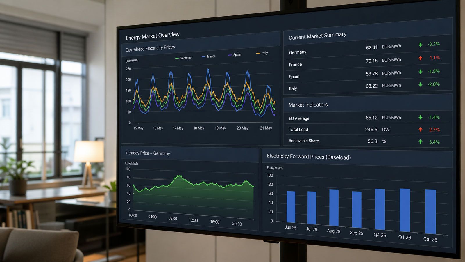 Οθόνη με γραφήματα και τιμές της αγοράς ηλεκτρικής ενέργειας, σε εσωτερικό χώρο με σύγχρονο οικιακό ή επαγγελματικό φόντο.