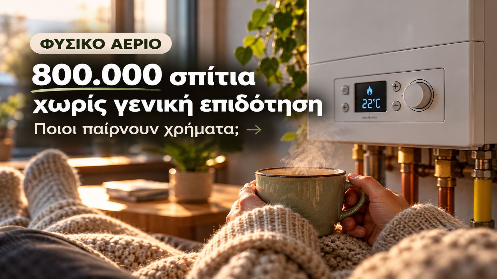 Οικιακός λέβητας φυσικού αερίου σε ζεστό καθιστικό, με κεντρικό μήνυμα «800.000 σπίτια χωρίς γενική επιδότηση – Ποιοι παίρνουν χρήματα;».
