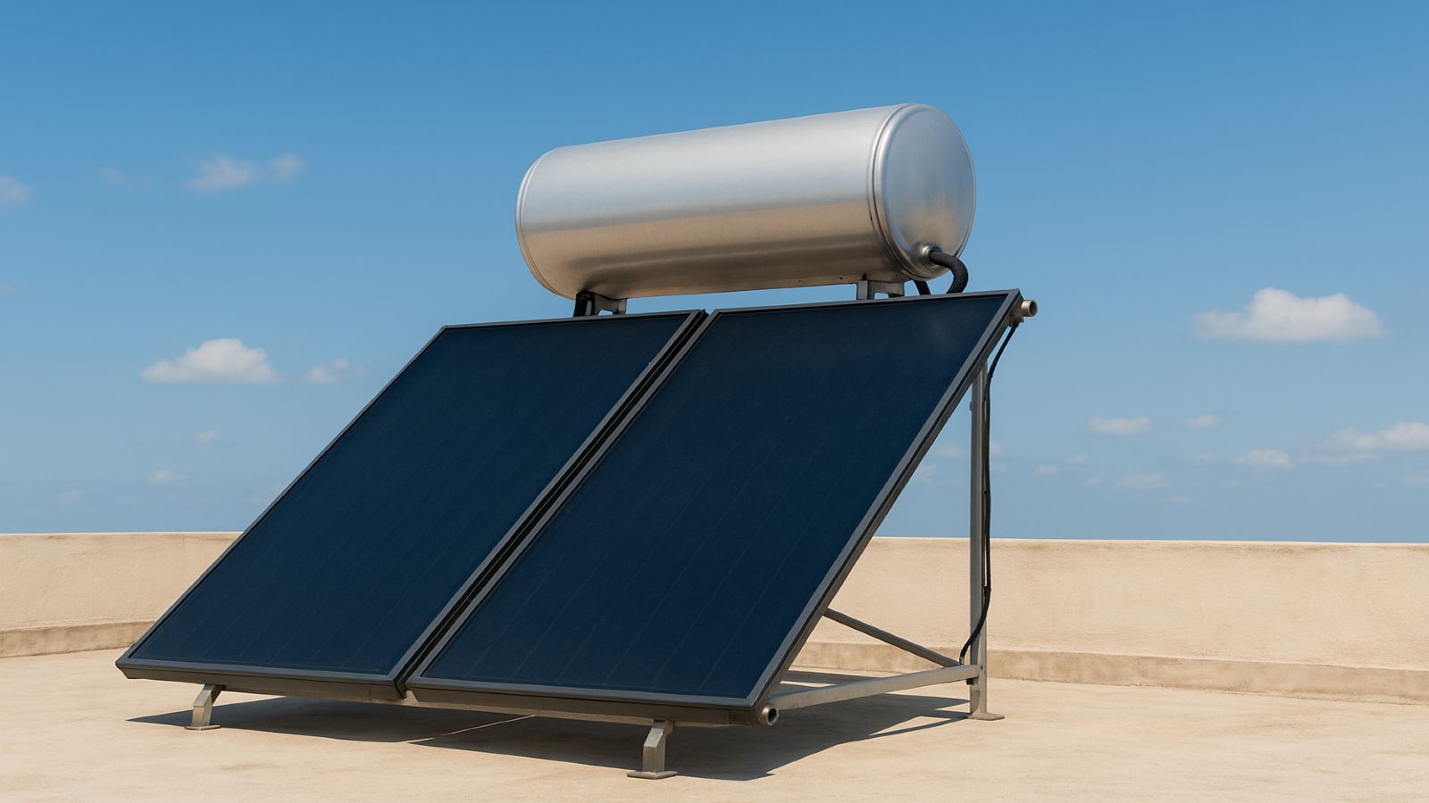 Ηλιακός θερμοσίφωνας σε ταράτσα που προσφέρει ζεστό νερό με την ενέργεια του ήλιου.