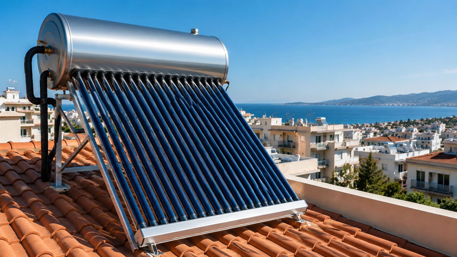 Solar water heater on rooftop for home energy saving.
