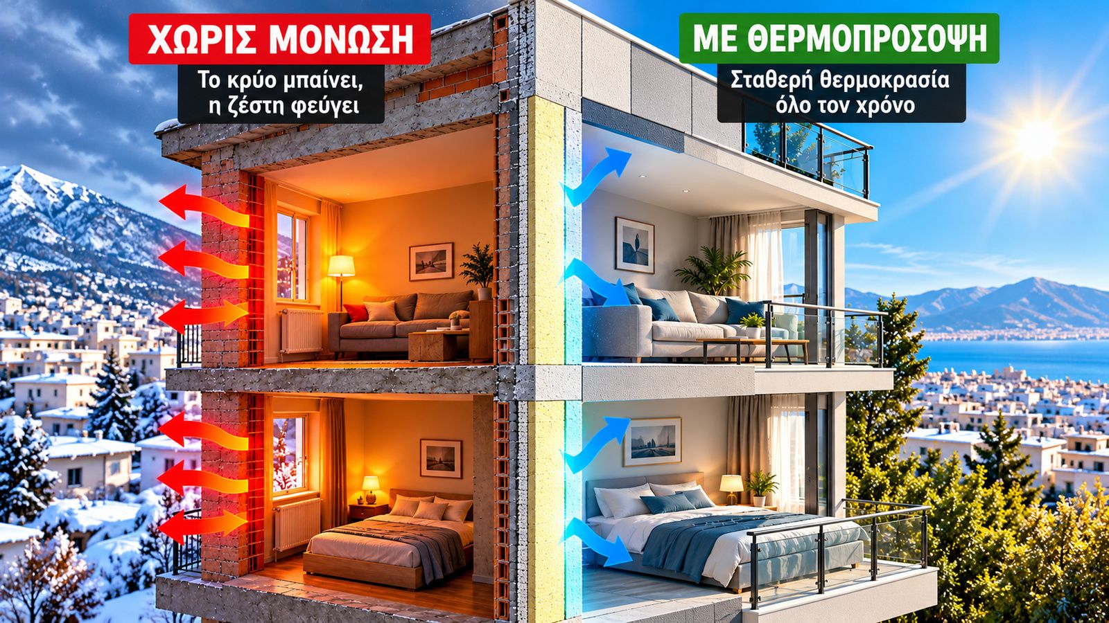 Τομή κτιρίου σε δύο πλευρές: αμόνωτοι τοίχοι με κόκκινα βέλη θερμικών απωλειών και εξωτερική θερμομόνωση με μπλε βέλη, με τίτλους «Χωρίς μόνωση» και «