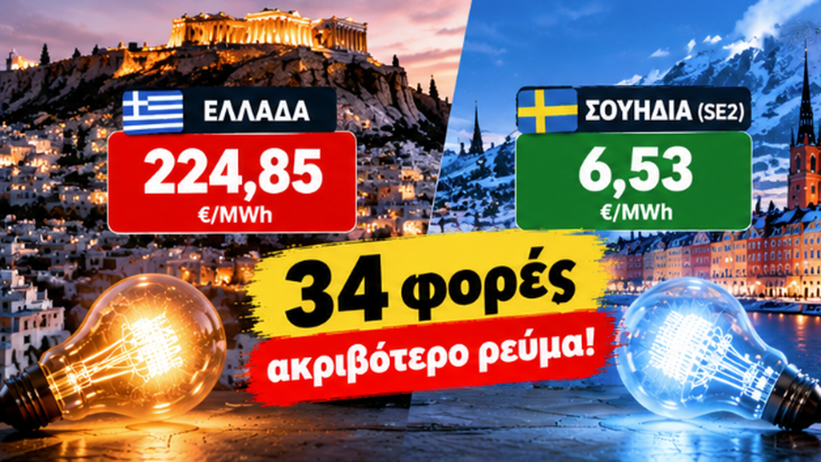 Στα 224,85 ευρώ /MWh η χονδρική τιμή ρεύματος στην Ελλάδα, έναντι μόλις 6,53 ευρώ/MWh στη σουηδική ζώνη SE2. Η διαφορά ξεπερνά τις 34 φορές! Στα 224,85 ευρώ /MWh η χονδρική τιμή ρεύματος στην Ελλάδα, έναντι μόλις 6,53 ευρώ/MWh στη σουηδική ζώνη SE2. Η διαφορά ξεπερνά τις 34 φορές!