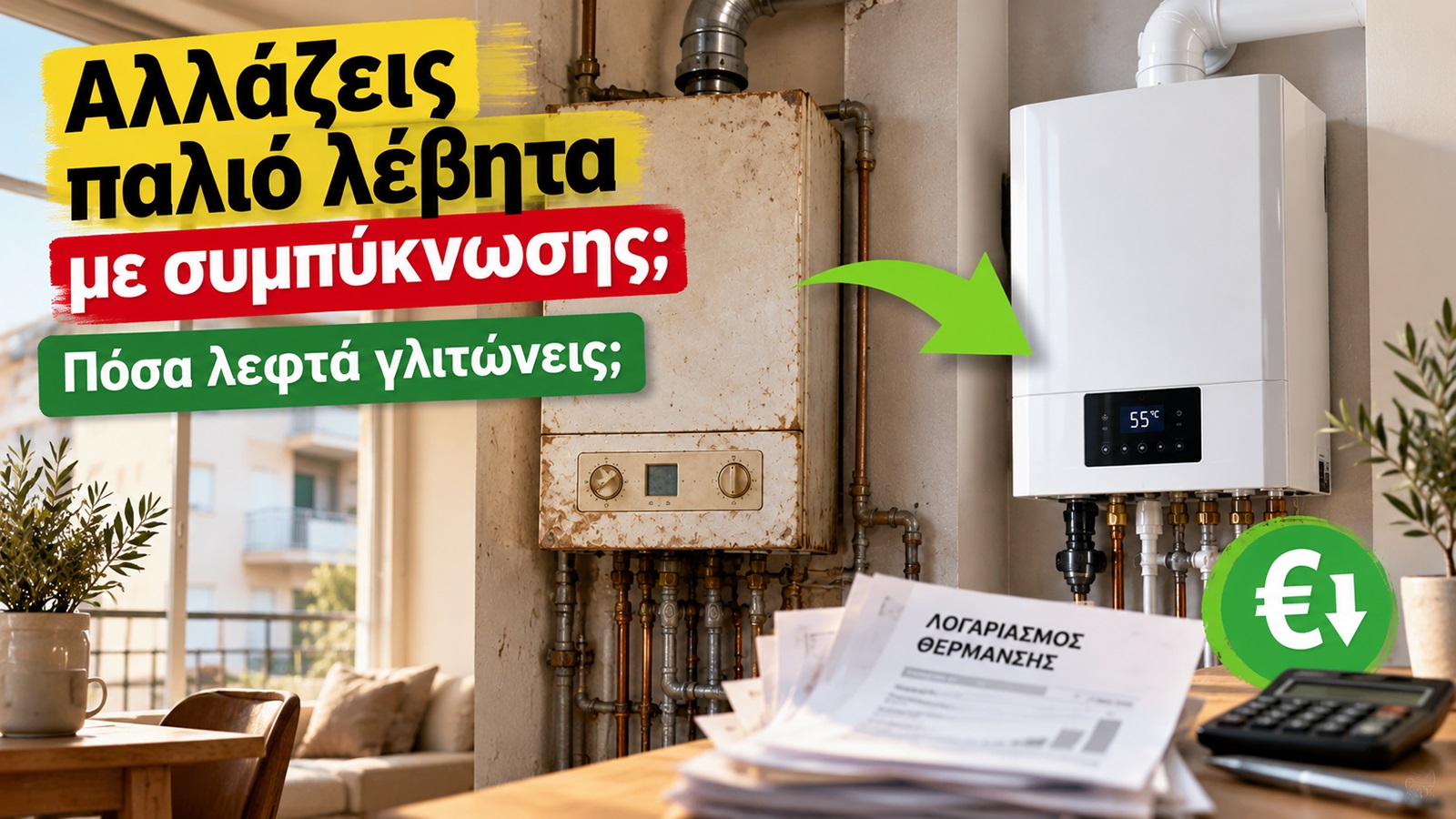 : Αλλάζεις τον παλιό σου λέβητα με νέο συμπύκνωσης; Στο ενδεικτικό παράδειγμά μας, η κατανάλωση καυσίμου μειώνεται κατά 22,2%. Δες τι πρέπει να προσέξεις πριν προχωρήσεις στην αντικατάσταση. : Αλλάζεις τον παλιό σου λέβητα με νέο συμπύκνωσης; Στο ενδεικτικό παράδειγμά μας, η κατανάλωση καυσίμου μειώνεται κατά 22,2%. Δες τι πρέπει να προσέξεις πριν προχωρήσεις στην αντικατάσταση.