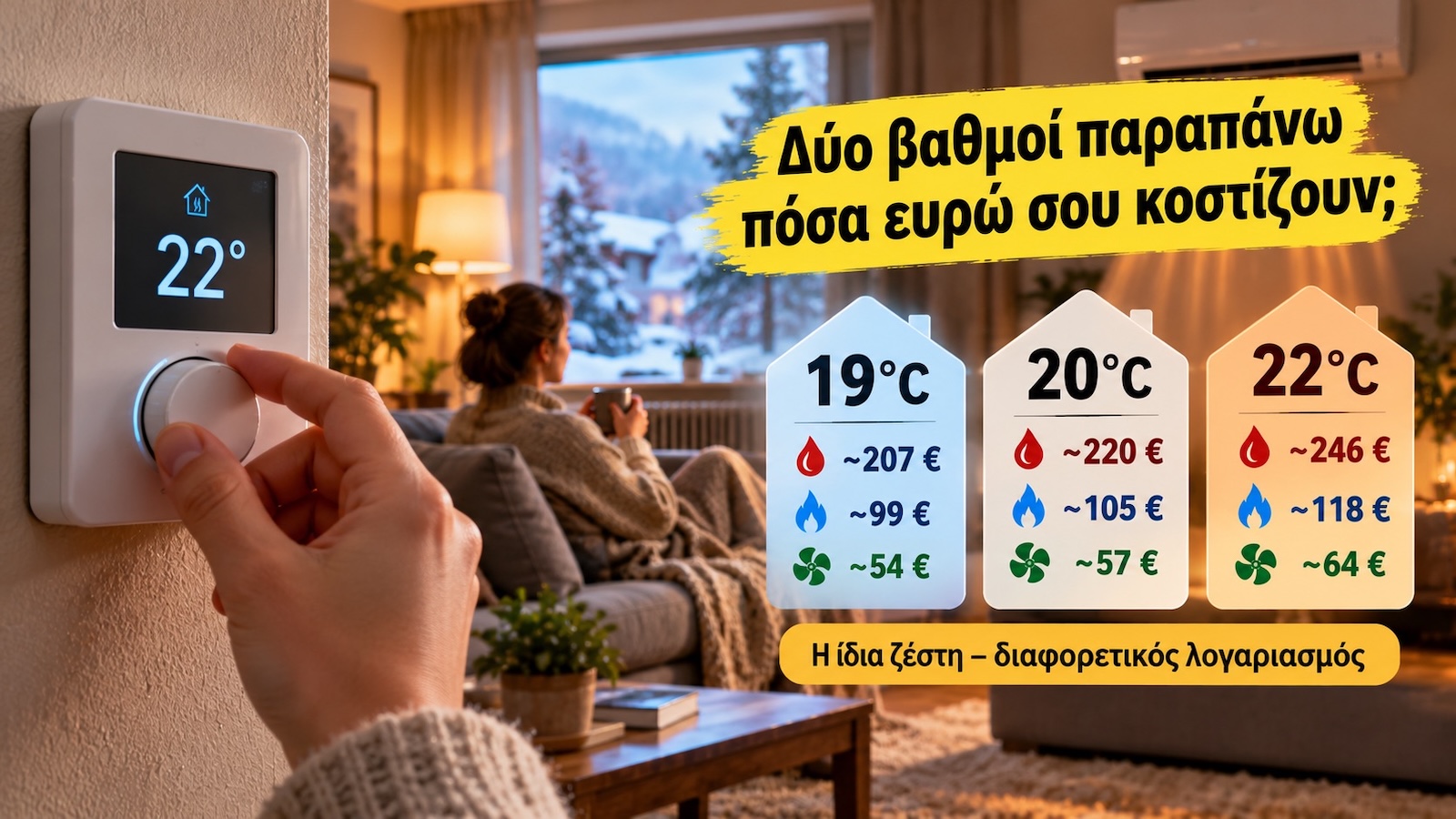 Από τους 20 στους 22°C, η επιβάρυνση μπορεί να γίνει διψήφια στην κατανάλωση θέρμανσης.